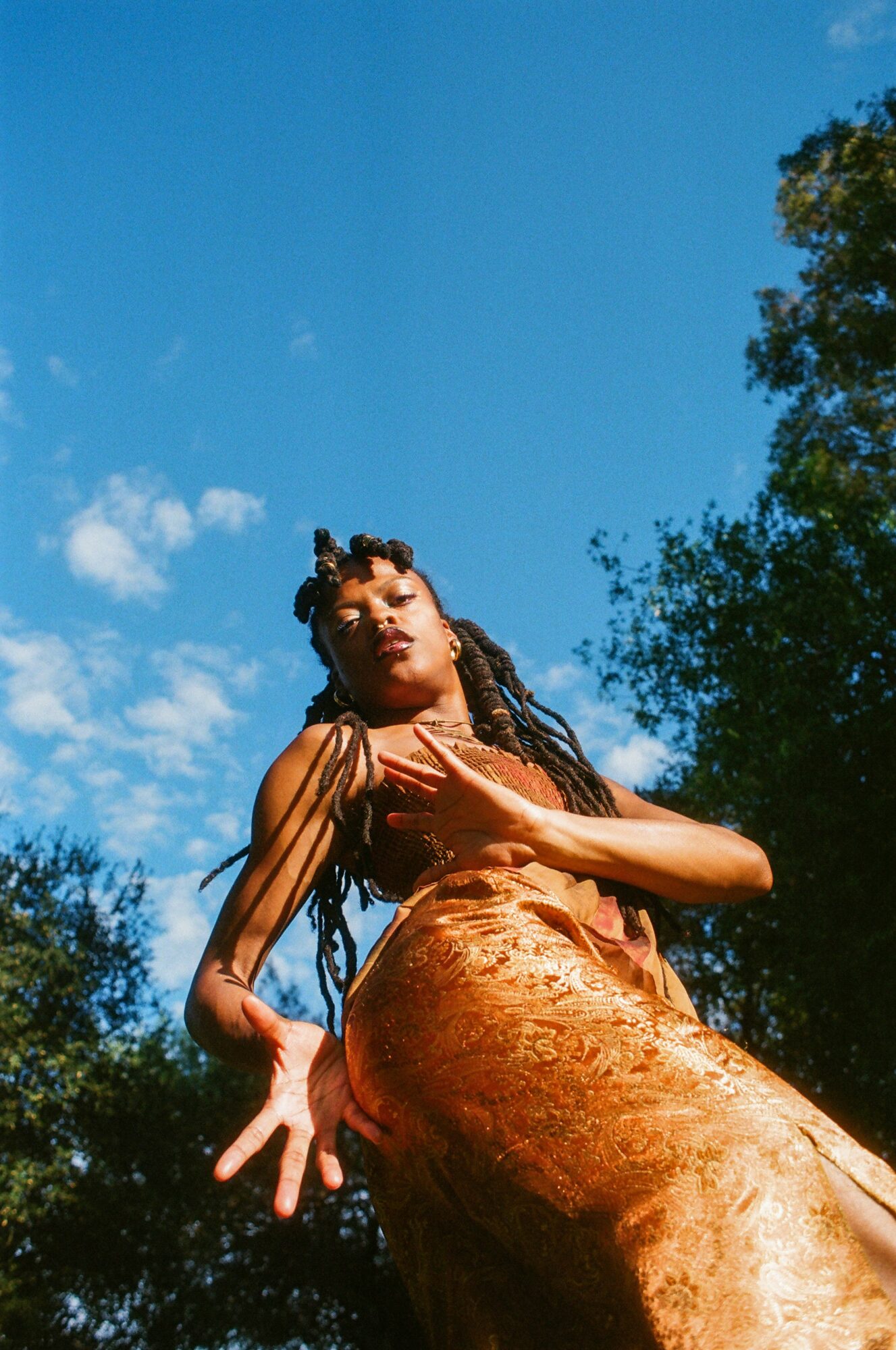 A woman with long braids wearing a shiny, textured dress stands outdoors against a blue sky with trees.