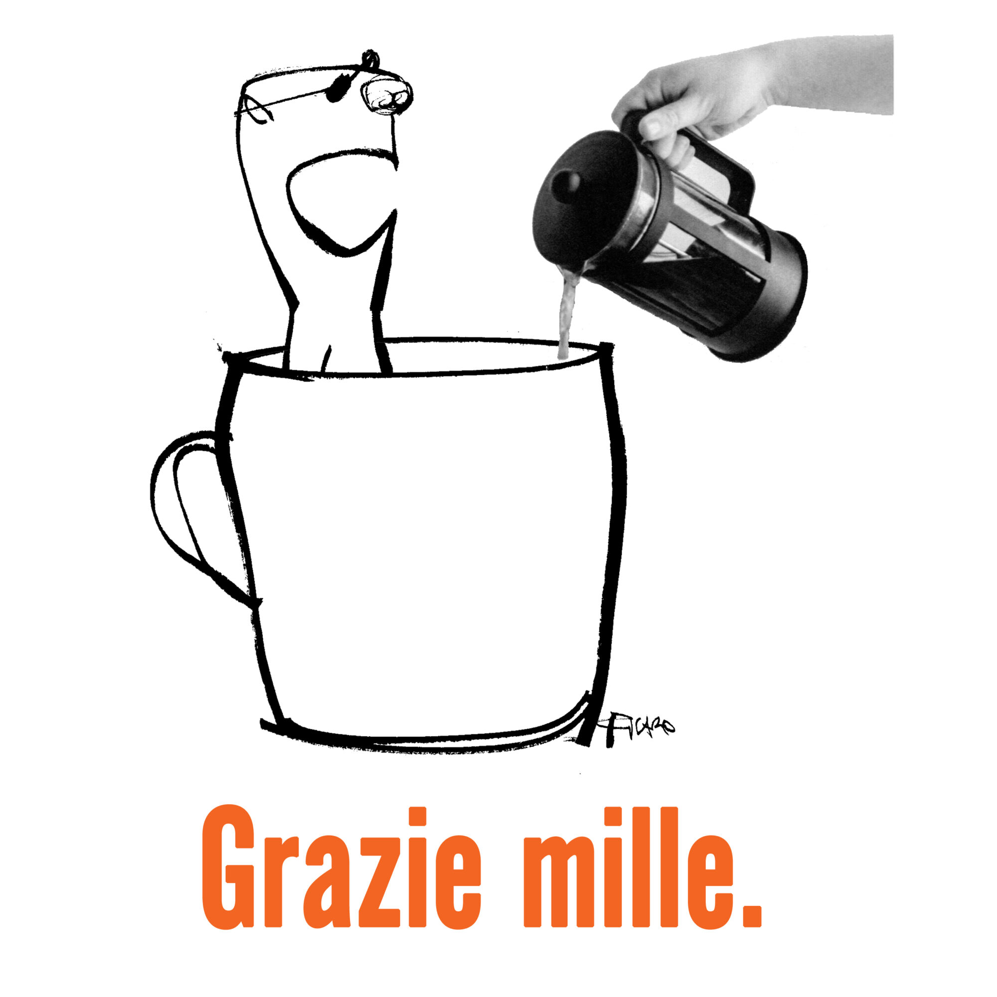 A cartoon character with glasses is in a cup, being poured coffee from a pot held by a hand, with Italian text.