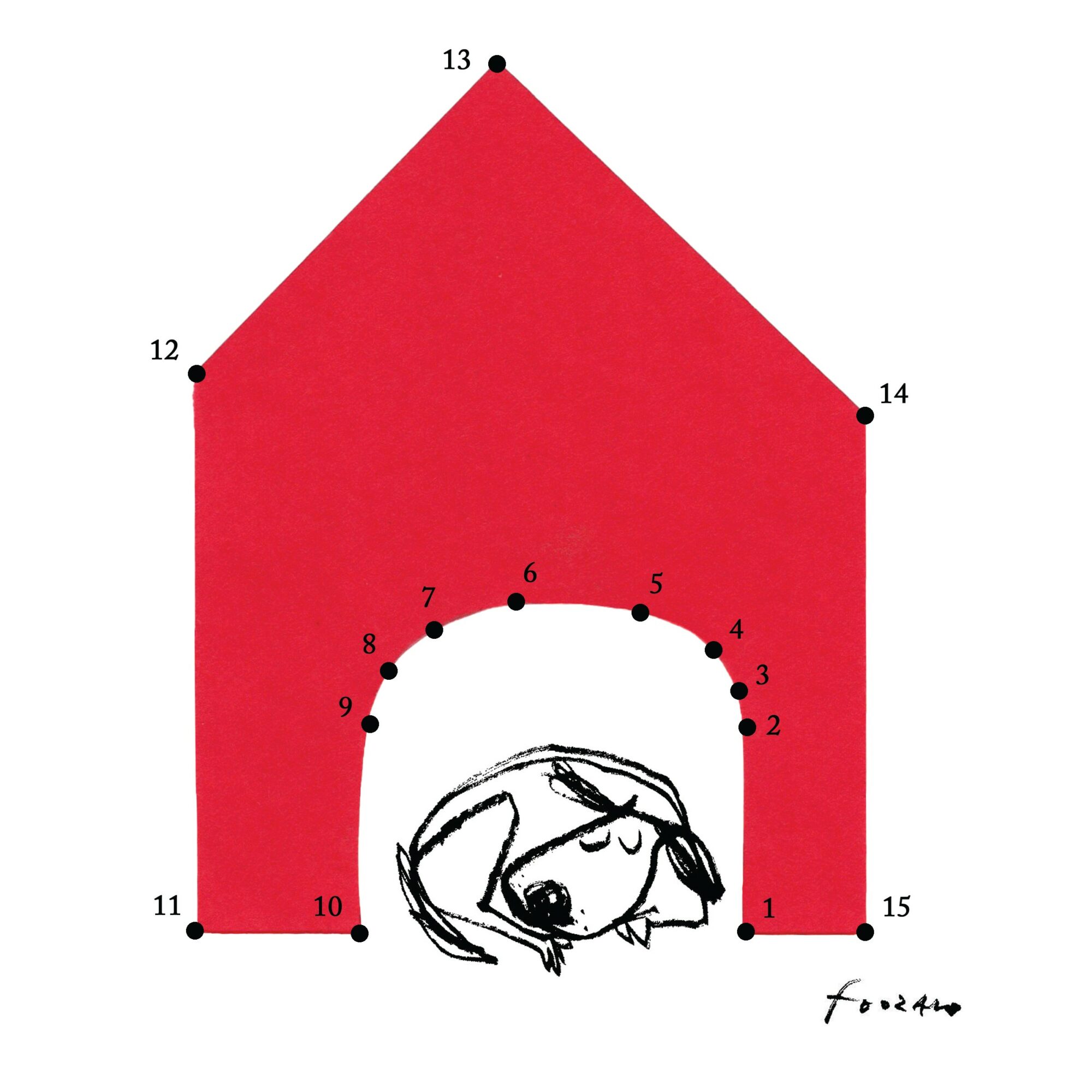 A red house shape with black dots at corners and a sketch of a dog inside, at the entrance.
