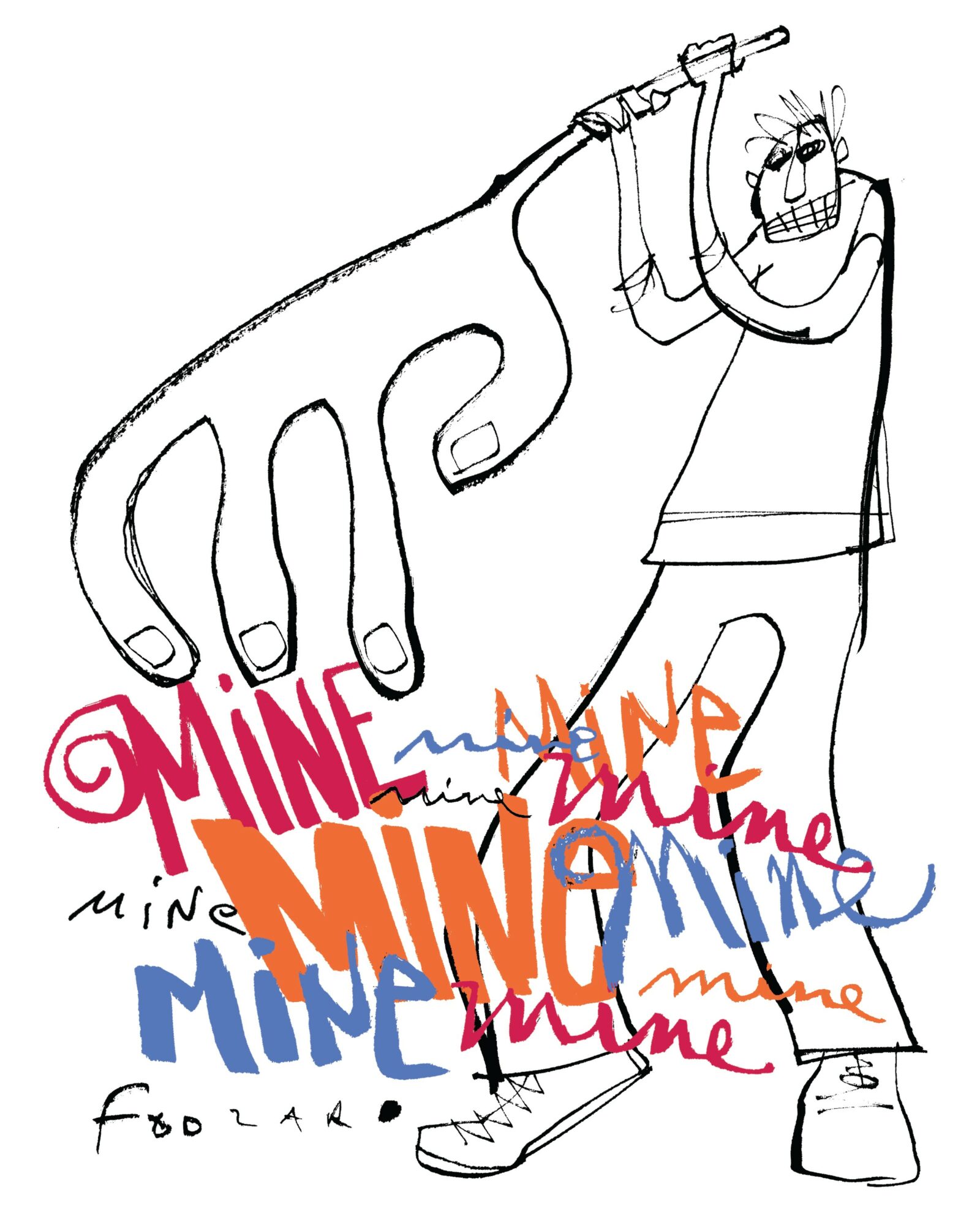 Person with glasses holding a large fork, surrounded by colorful words 'mine' and 'me' in various sizes and styles.