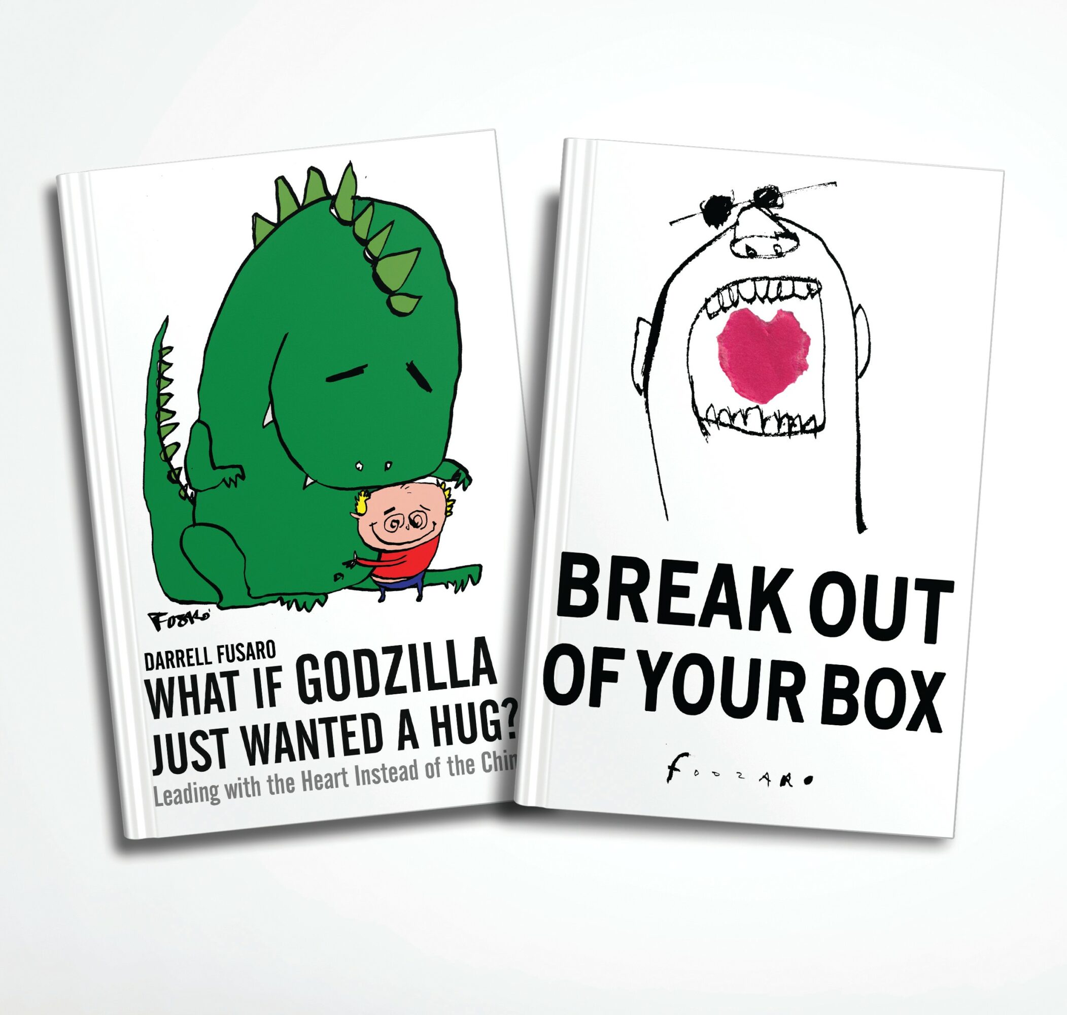 Two illustrated books, one with a green dinosaur hugging a pig, the other with a face and open mouth, text on covers.