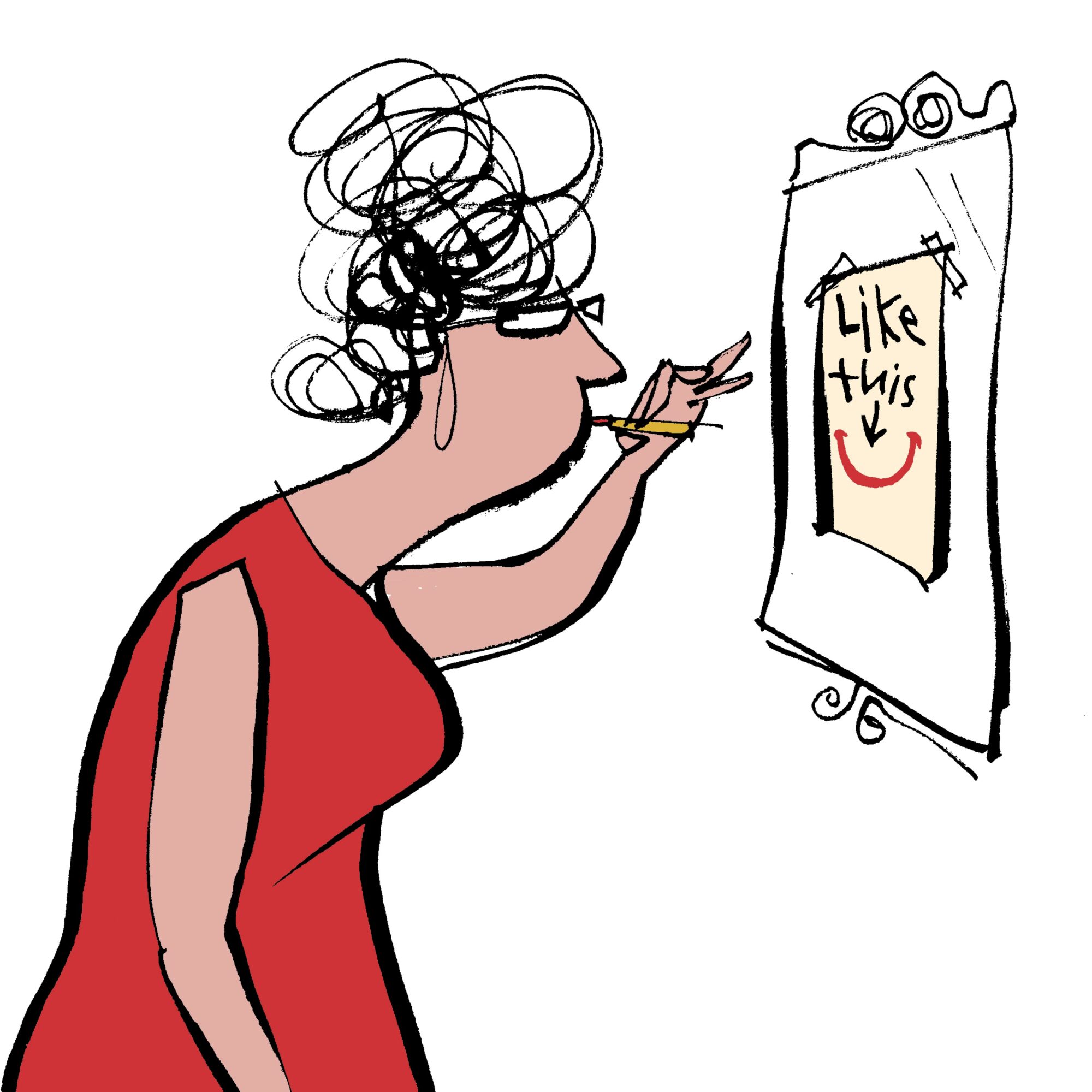 Person with curly hair and glasses writing on a board with a smiley face and message.