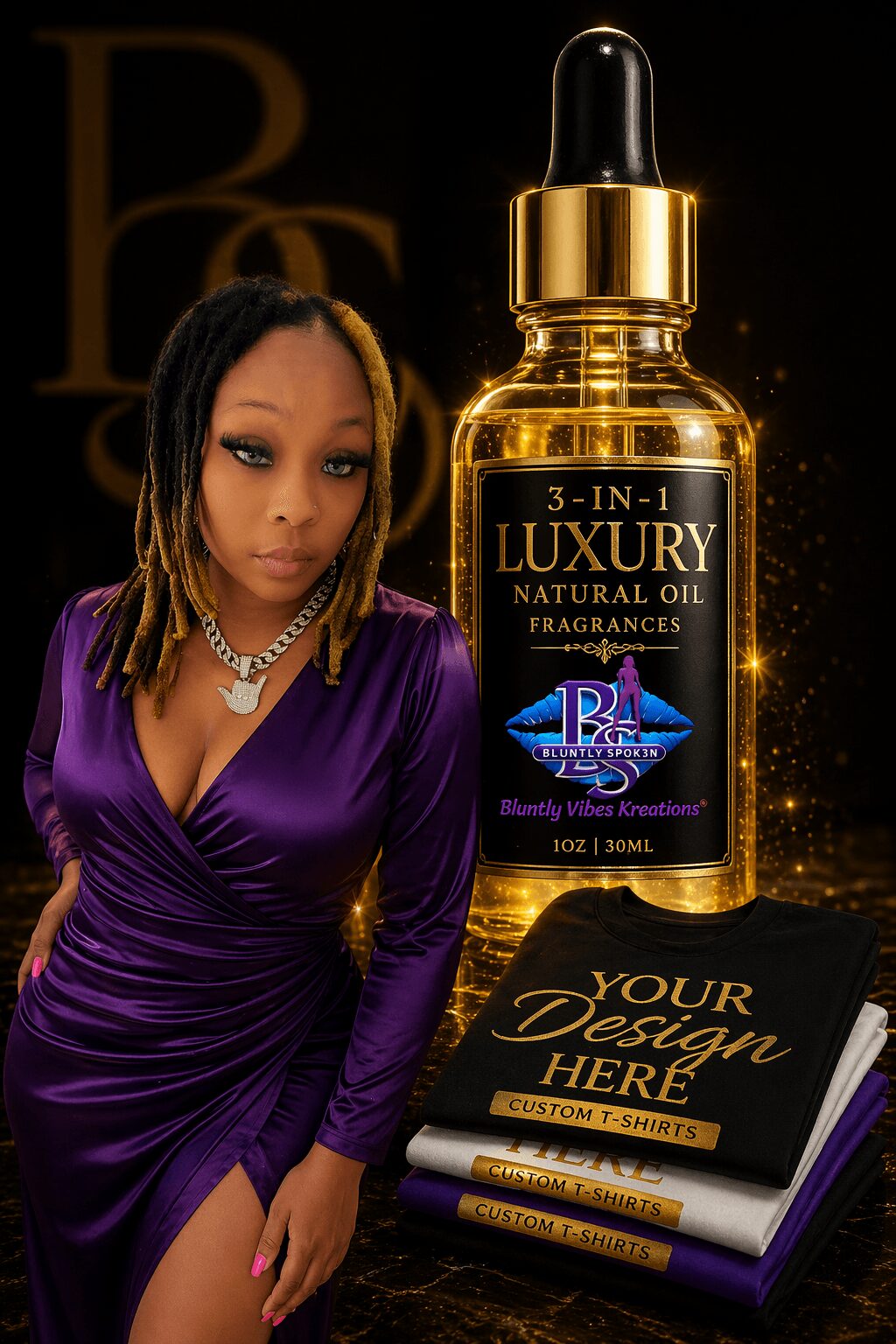 Woman in purple dress with jewelry beside a large bottle of luxury natural oil and a stack of custom shirts.