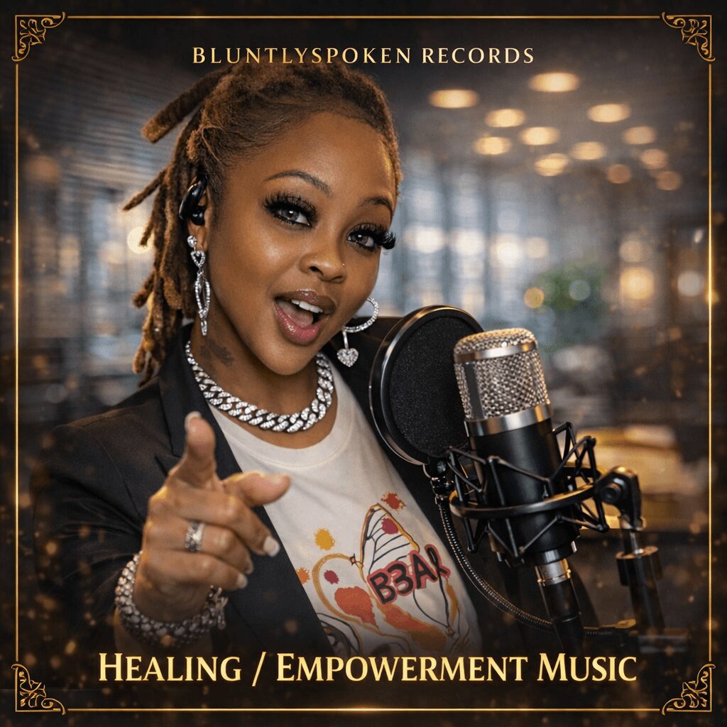 Woman with dreadlocks singing into a microphone, pointing, wearing jewelry, in a studio setting.