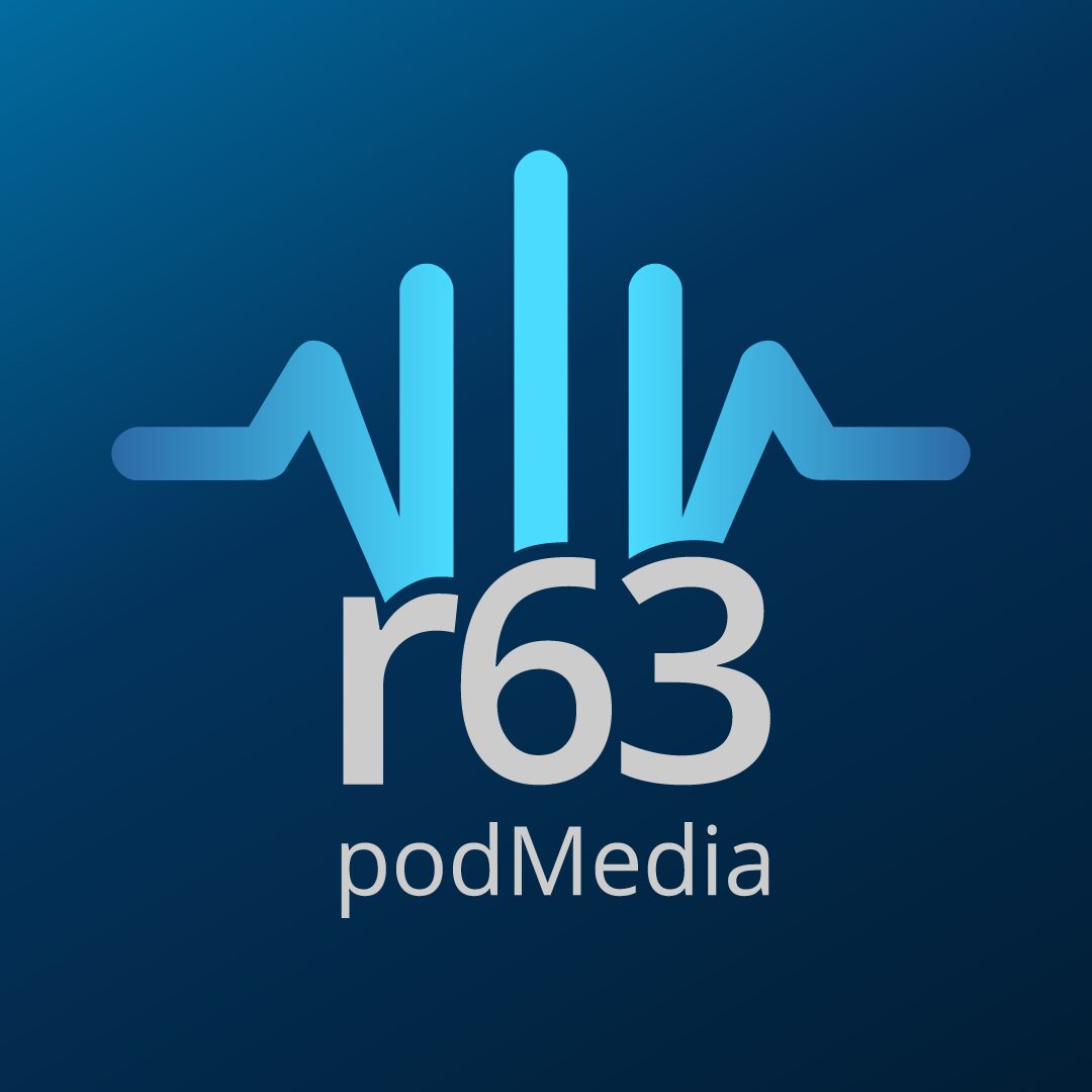 Logo with stylized heartbeat line, text 'r63' and 'podMedia' on dark blue background.
