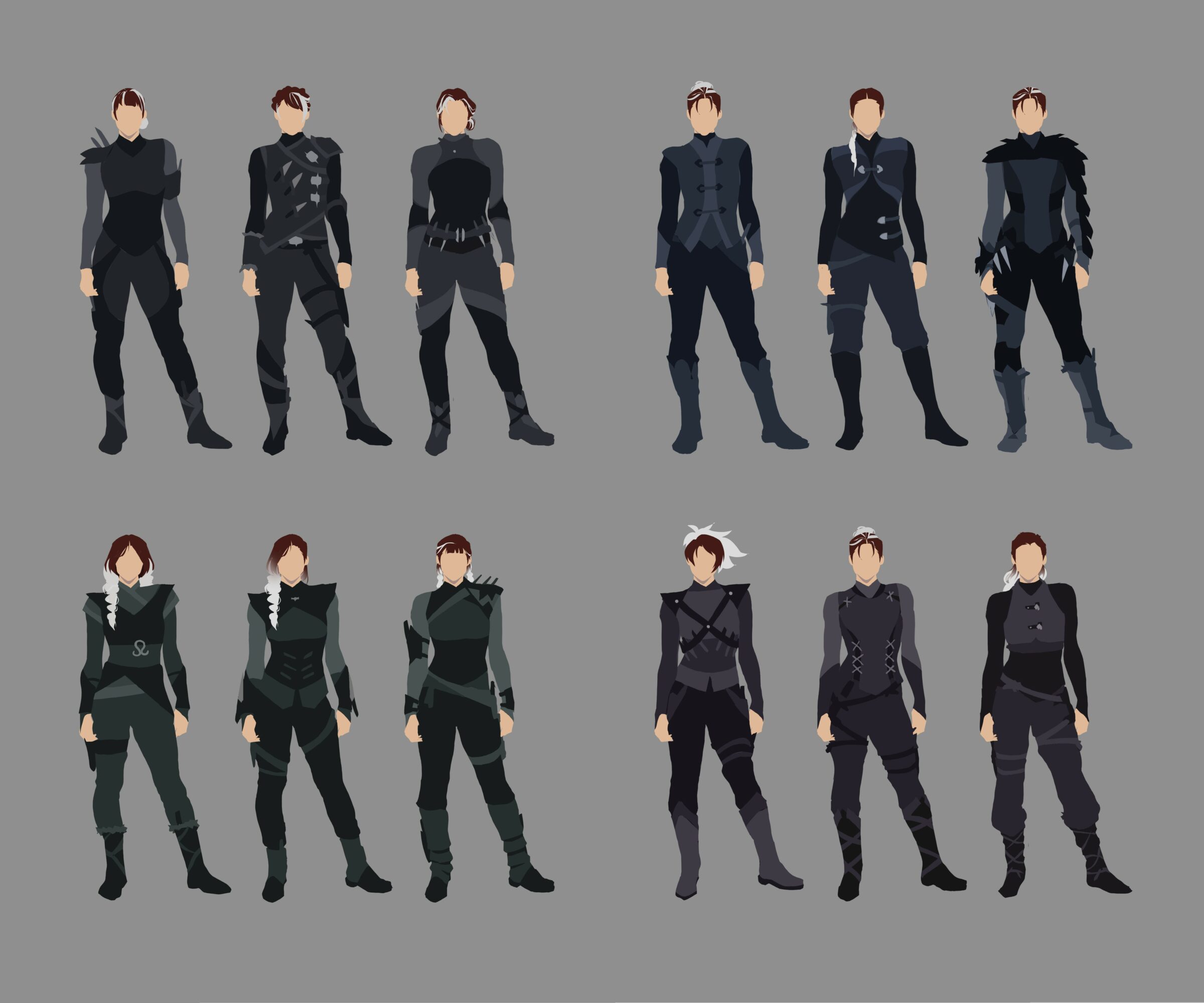 Two rows of six people in dark, futuristic outfits standing against a gray background.