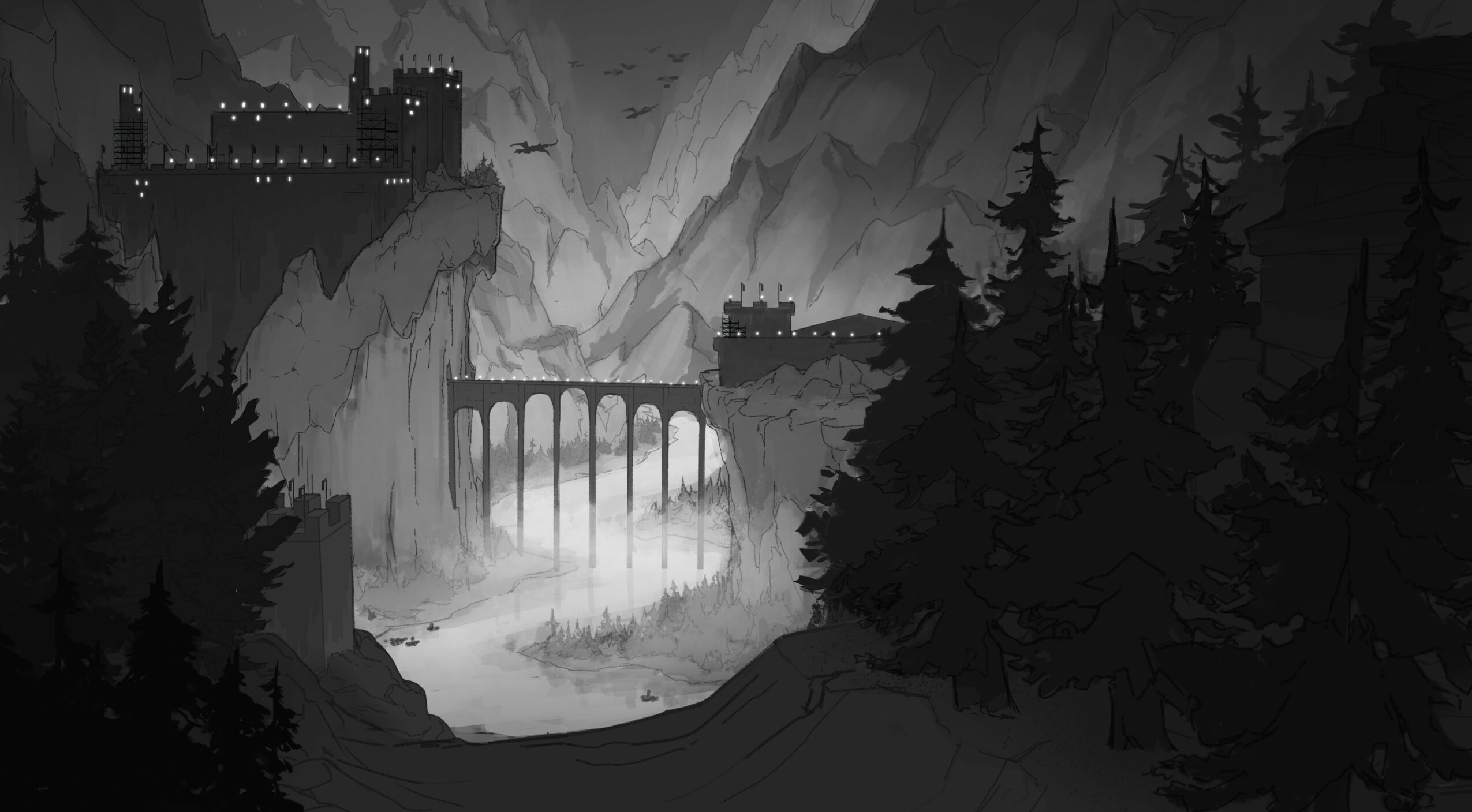 Dark castle on cliffs with a bridge, surrounded by dense trees and mountains, in grayscale.