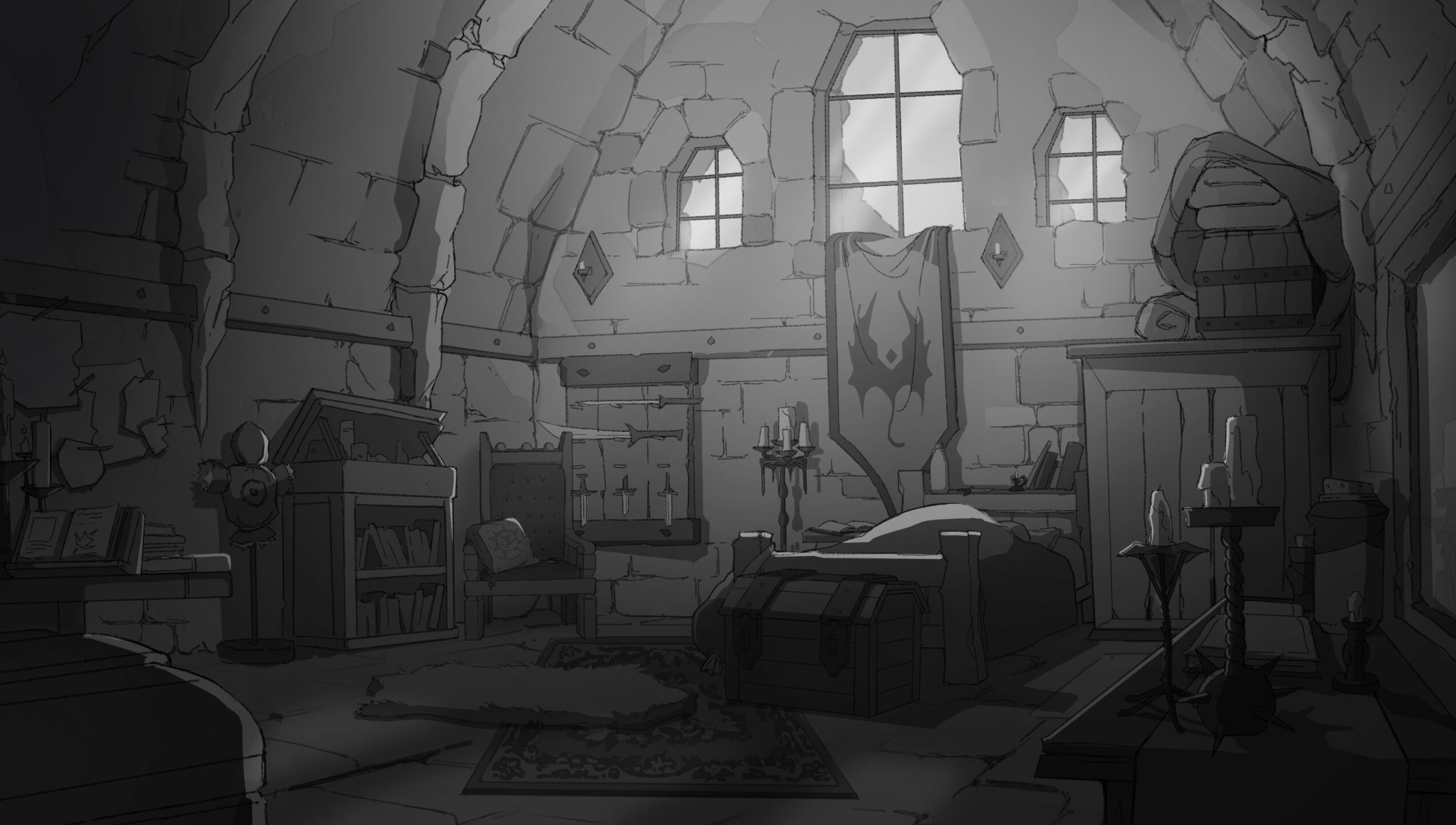 Interior of a medieval-style room with a bed, bookshelf, and candles, illuminated by light from three windows.
