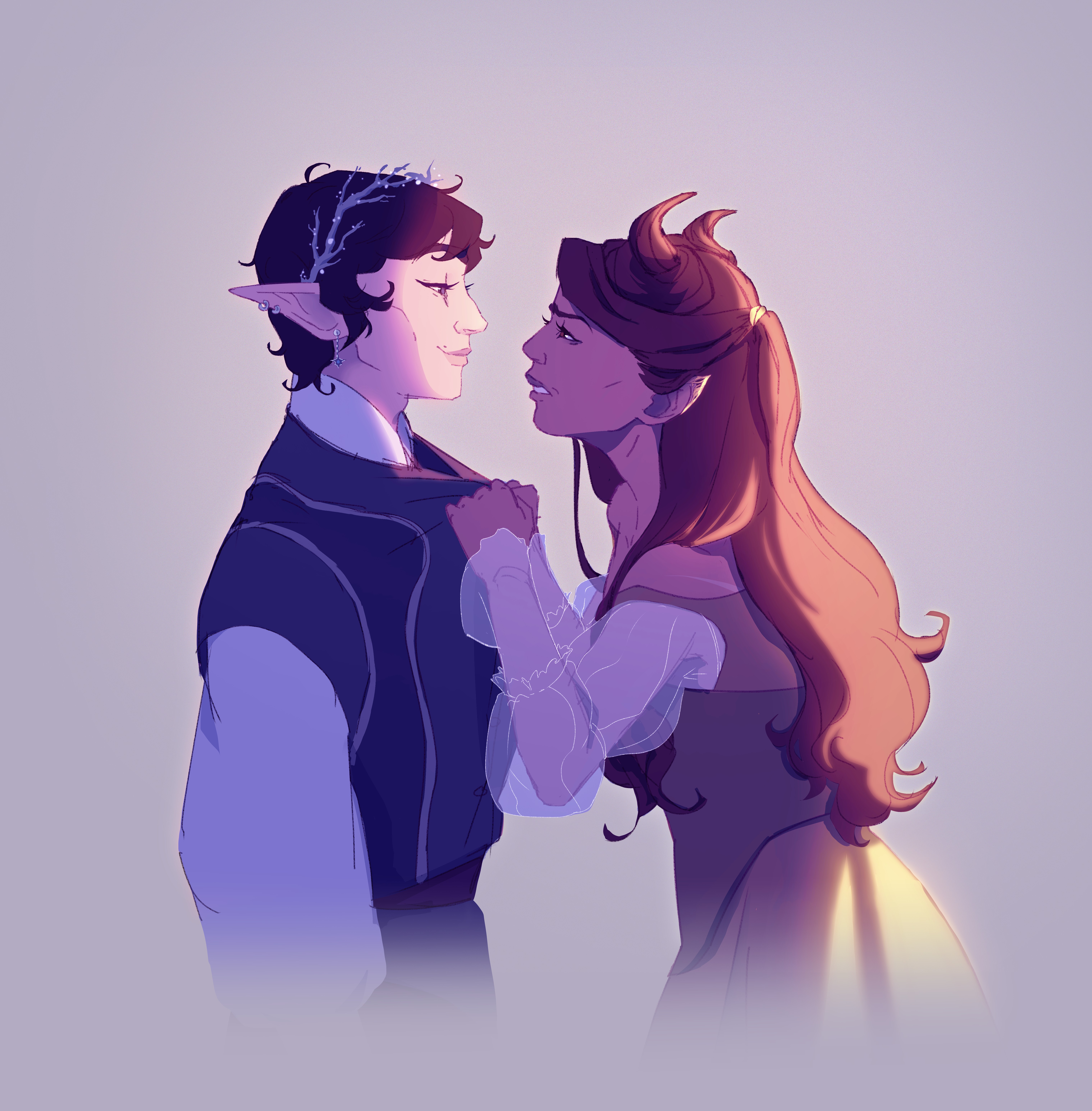 Two animated characters, a male with dark hair and a female with long red hair, face each other closely.