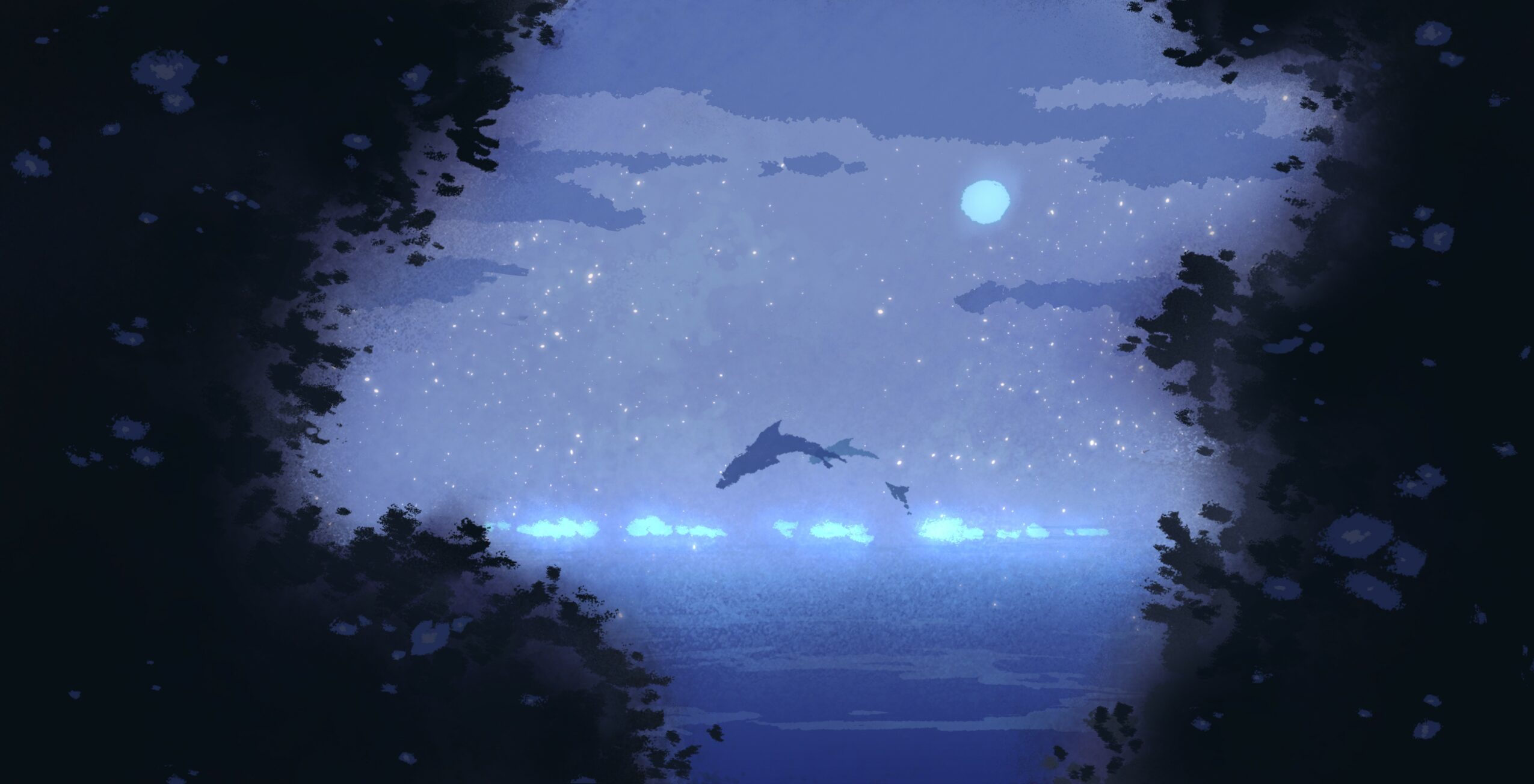 Dolphins jumping out of the water at night under a full moon, framed by dark trees.