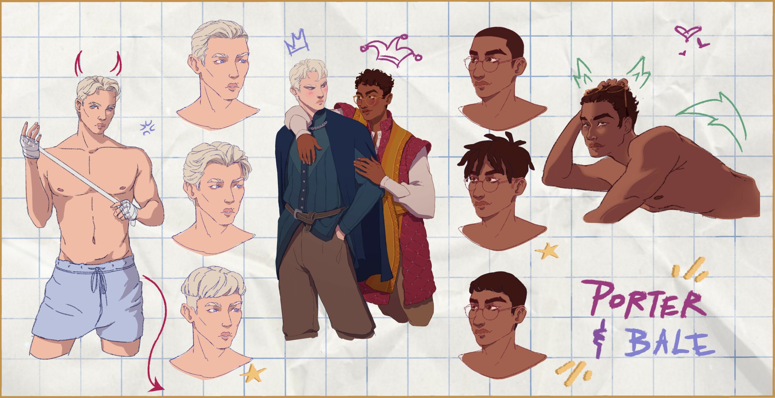 Group of seven people, some shirtless, some in casual clothing, on graph paper background with colorful doodles and signatures.