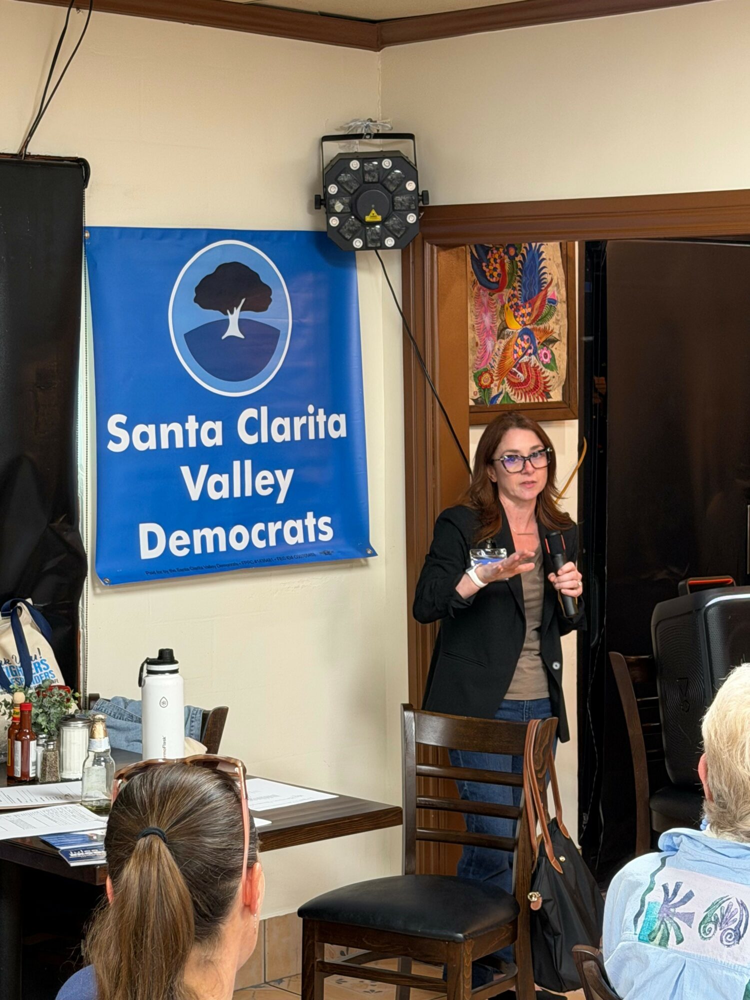 Woman speaking to group in room with Santa Clarita Valley Democrats banner on wall.