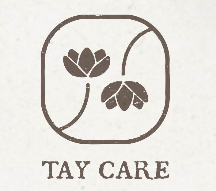 Simple line drawing of two flowers inside a rounded square, with the words 'TAY CARE' below, on a light background.