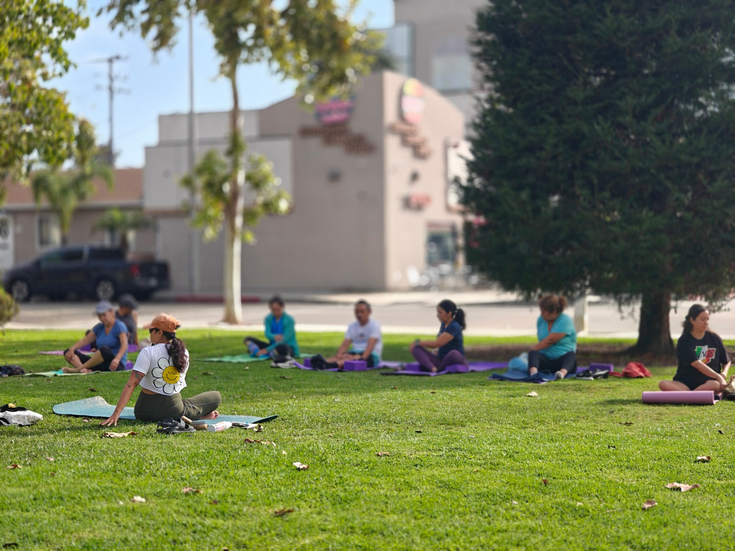 People practicing yoga outdoors on mats in a park with trees and buildings in the background.