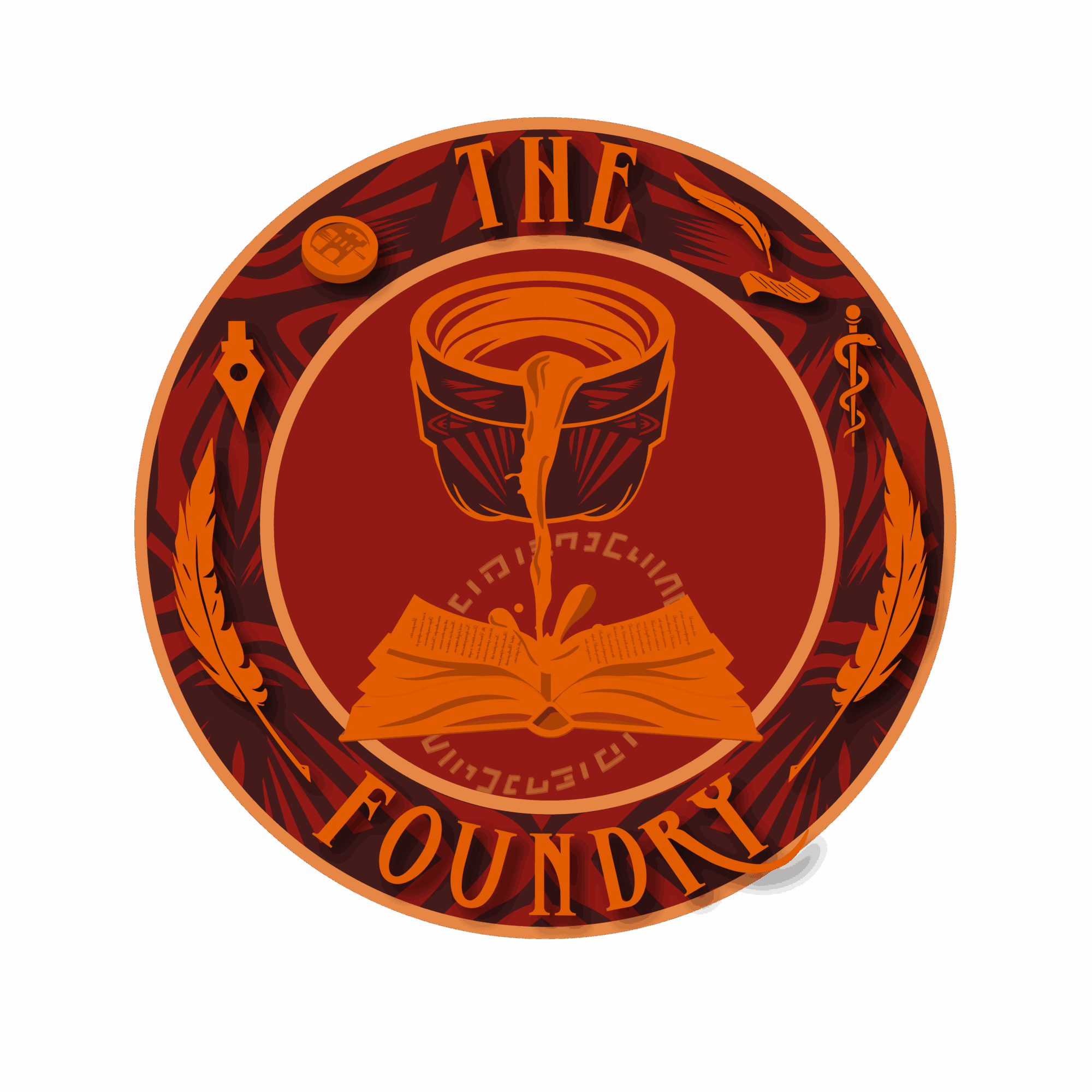 Circular emblem with a book, a funnel, and symbols, with the text 'The Foundry' on a black background.