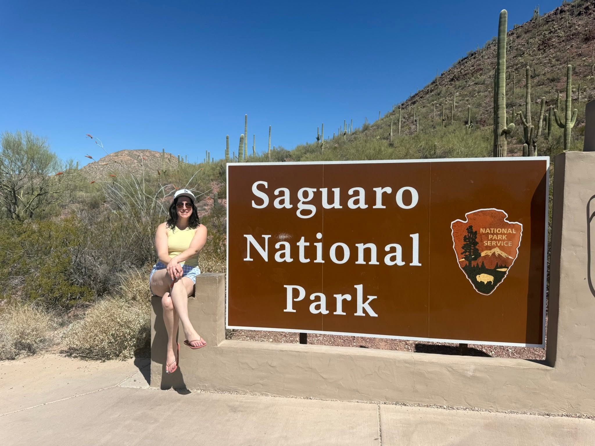 Person sitting on a rock next to a sign for Saguaro National Park, desert landscape with cacti and mountains in background.