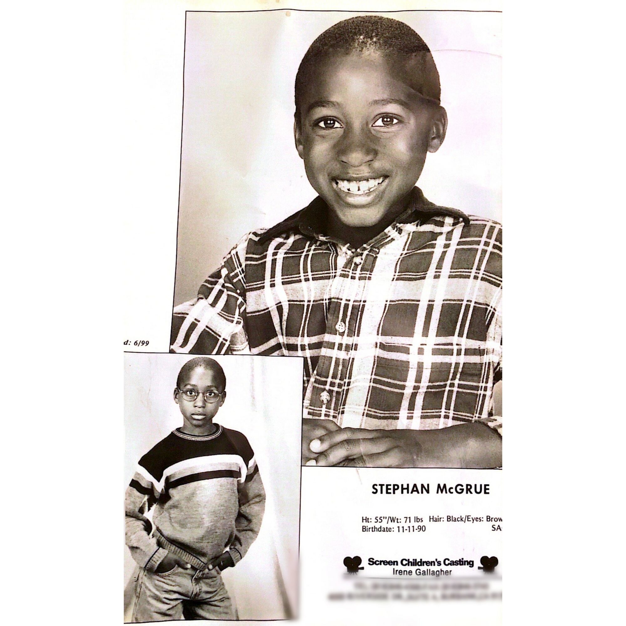 Young boy smiling, wearing a plaid shirt, with a smaller photo of him in a striped sweater below. Text includes name and details.