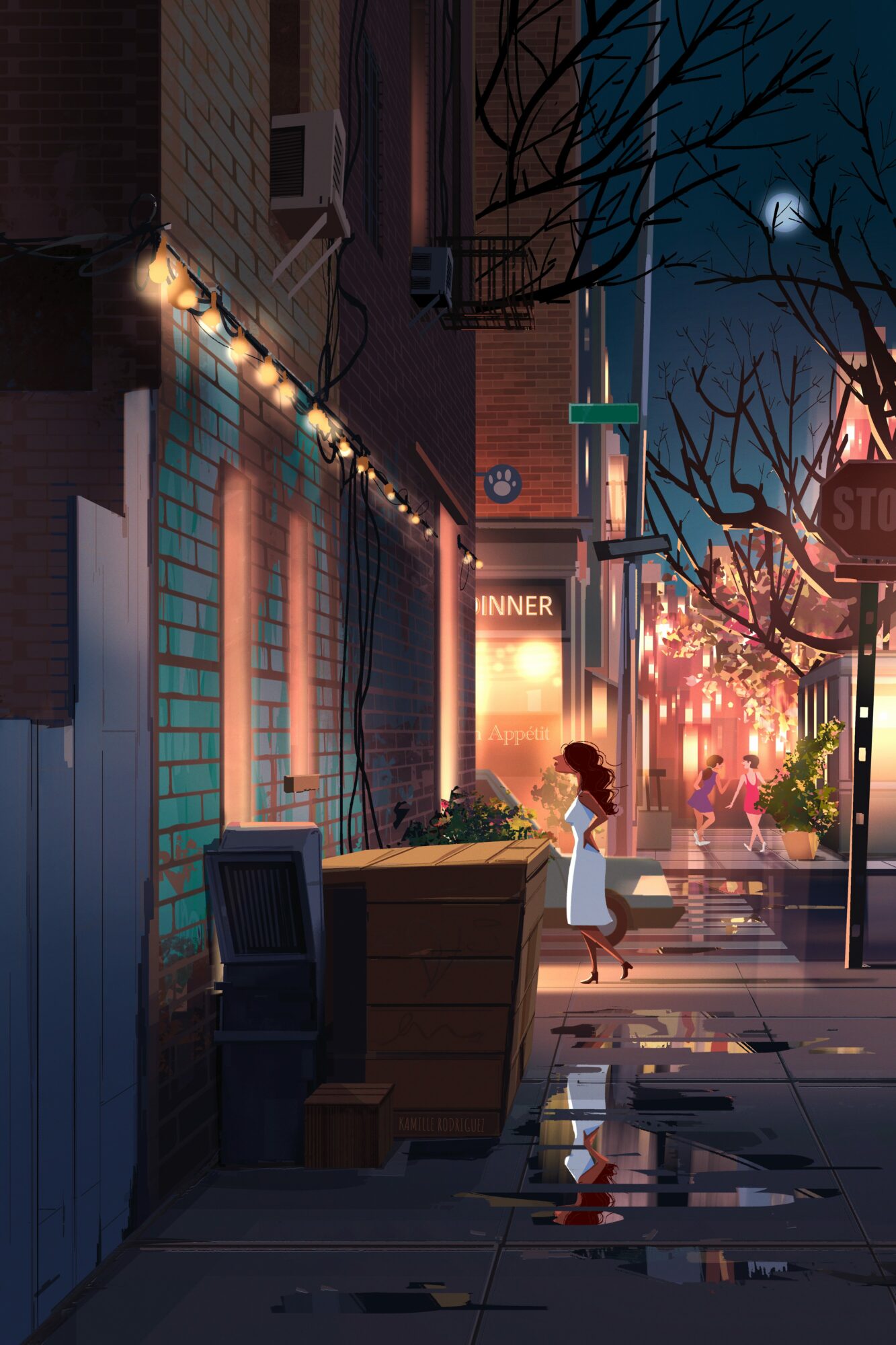 A woman in a white dress stands on a city sidewalk at night, illuminated by streetlights and building lights, with trees and a street sign nearby.