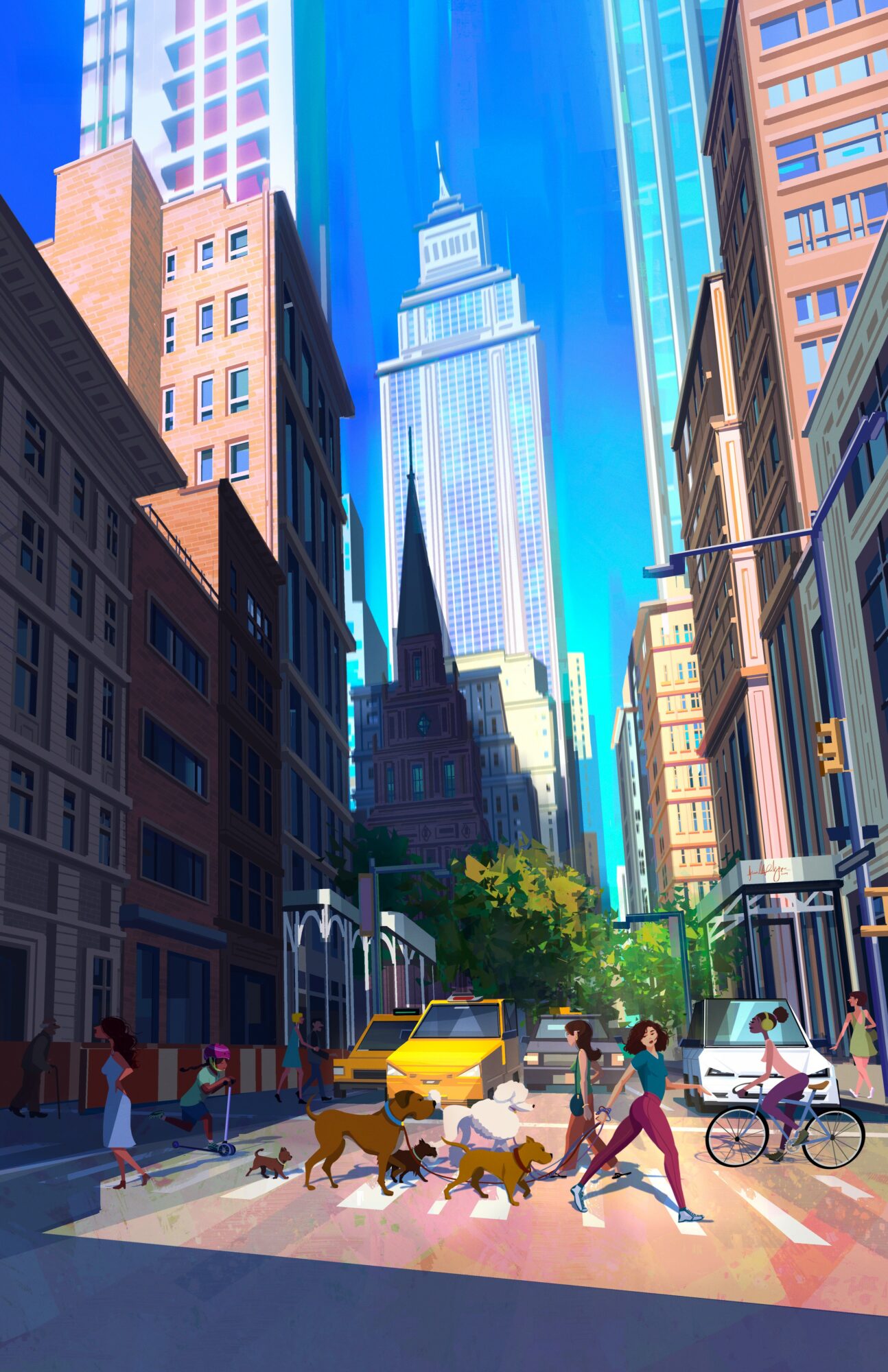 City street with tall buildings, people crossing, dogs, and a bicycle, with a skyscraper in the background.