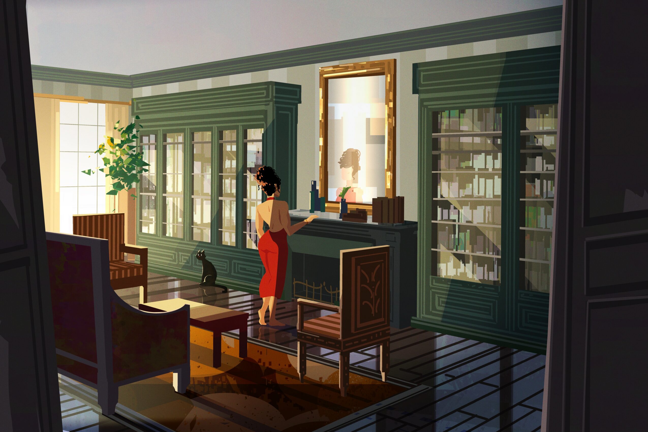 Woman standing at a reception desk in a room with green walls, bookshelves, and a window with sunlight, decorated with plants.