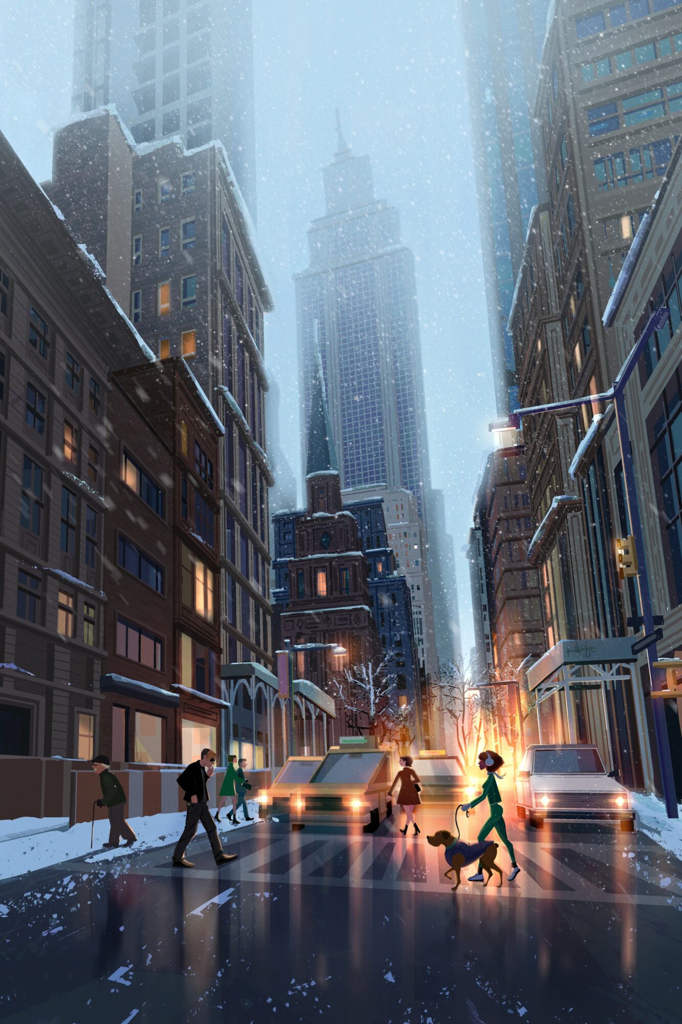 City street with tall buildings, people walking, snow, and a person with a dog, with a skyscraper in the background.