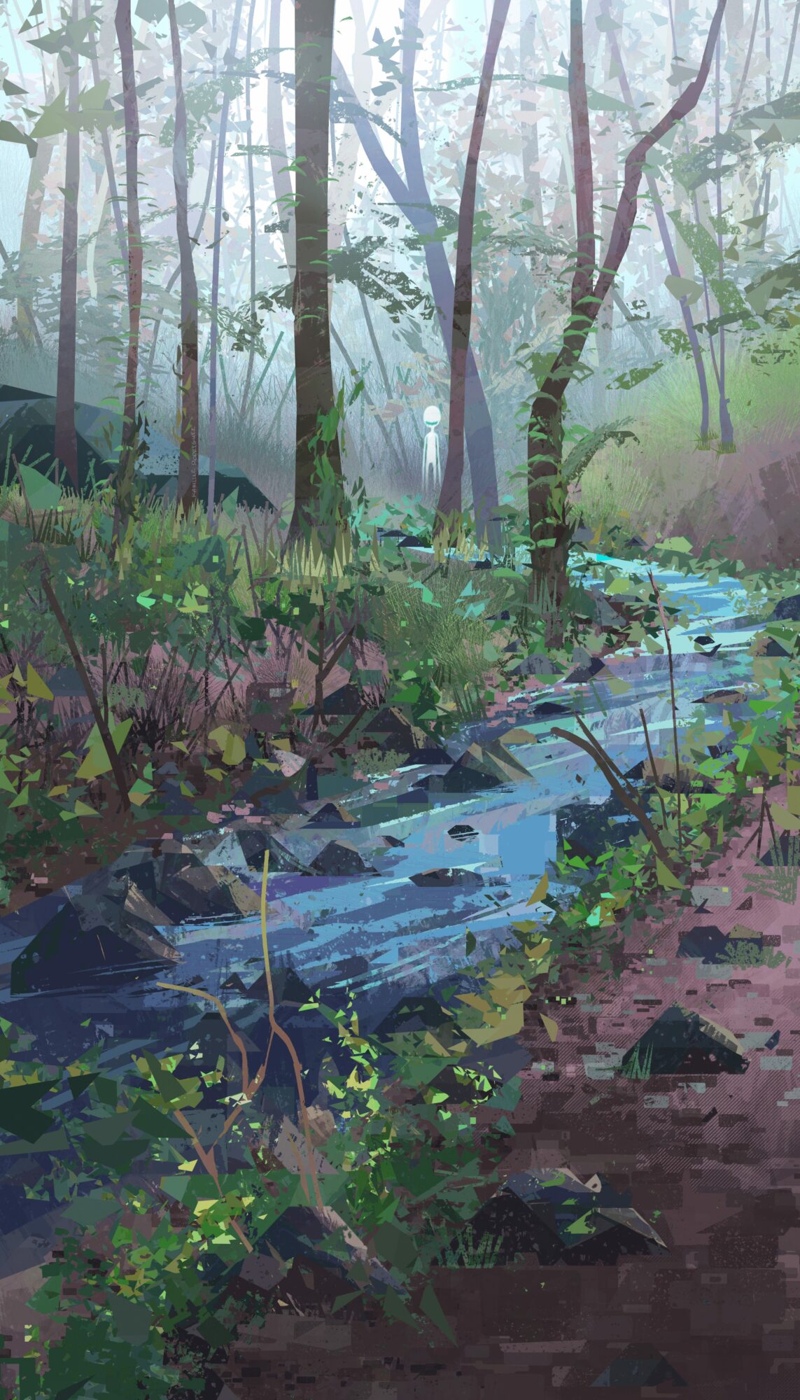 A misty forest scene with a small stream flowing through lush greenery and tall trees in the background.