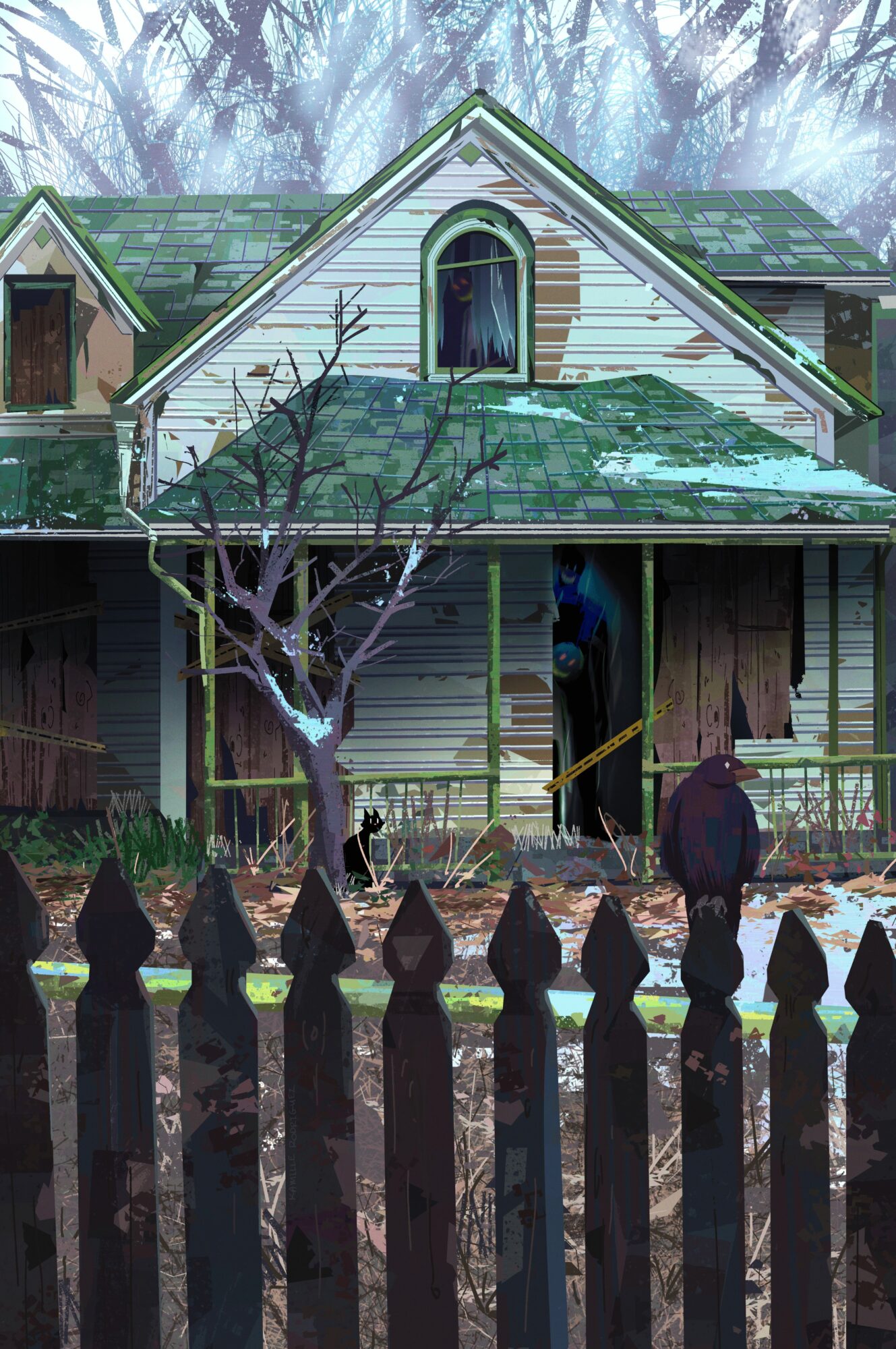 A house with a green roof and a porch, a leafless tree in front, and a person near the entrance, surrounded by a fence.
