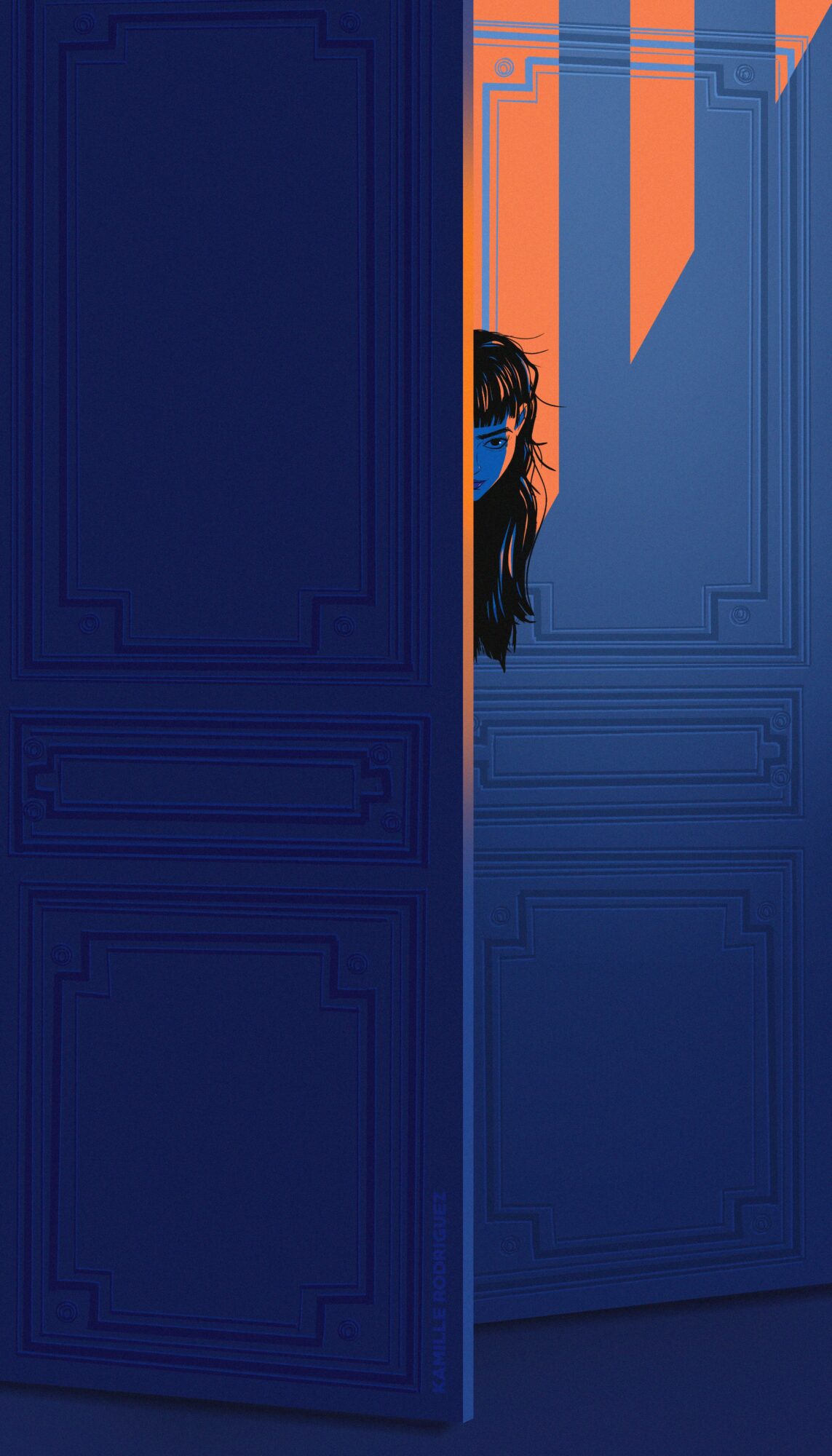Person with long hair peeking from behind a partially open door, with a background of geometric patterns in blue and orange.