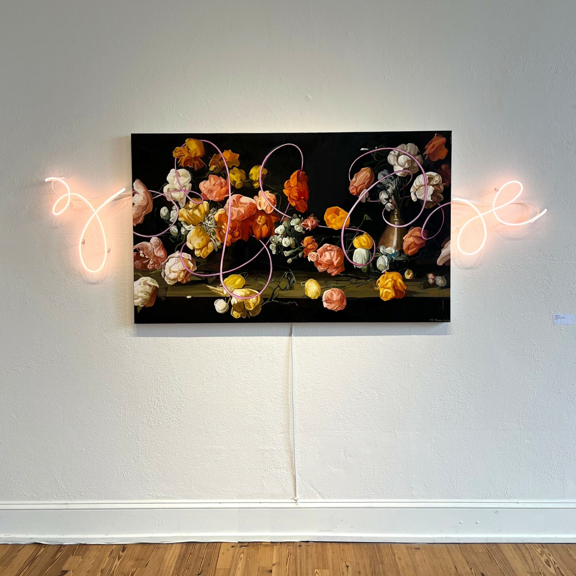 Artwork featuring a floral arrangement with pink, yellow, and white flowers, illuminated by pink neon lights on a black background.