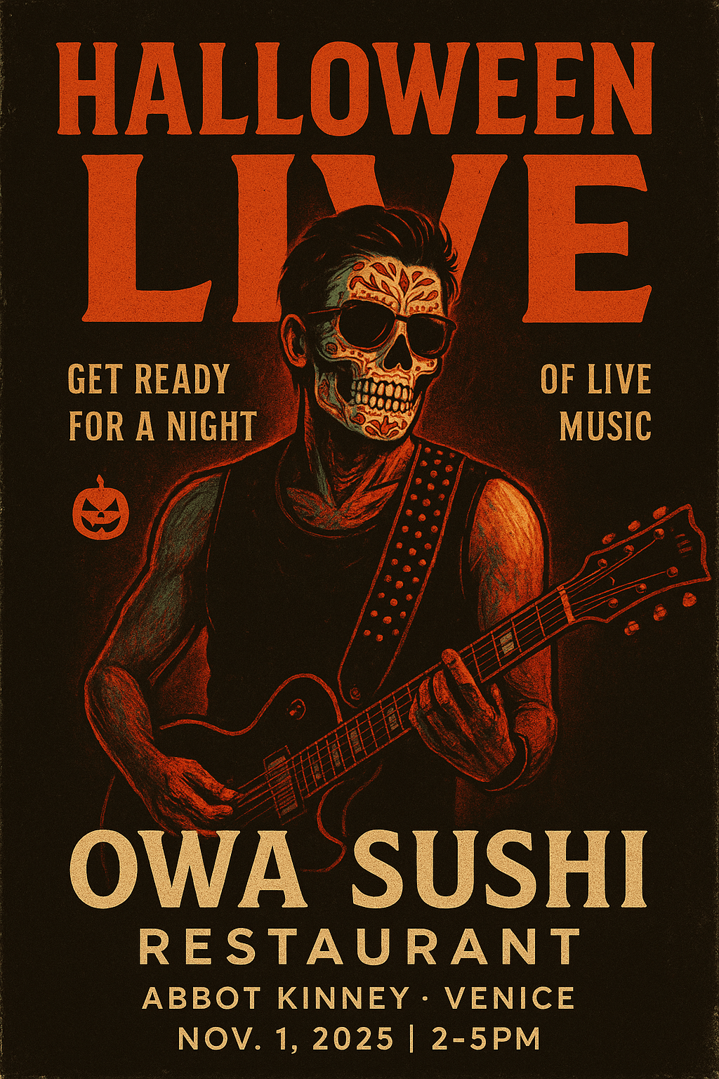 Poster advertising Halloween live music event at Owa Sushi Restaurant, featuring a skeleton playing guitar, date November 1, 2023.