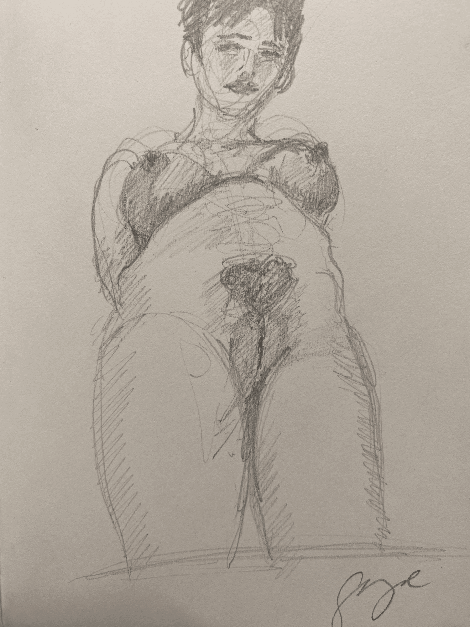 Sketch of a woman with short hair, smiling, viewed from below, with her arms crossed over her chest.