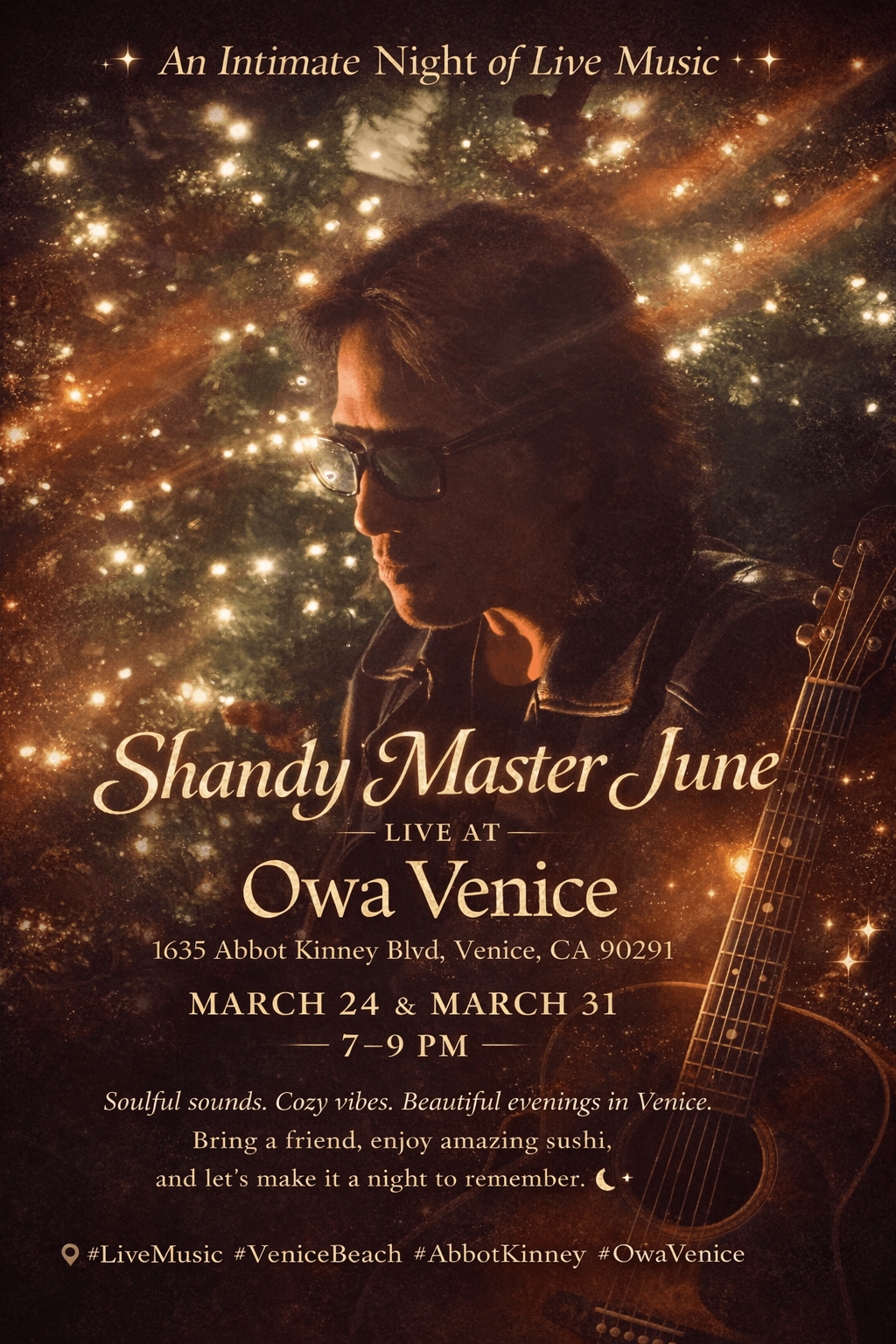 Silhouette of a person with sunglasses holding a guitar against a starry background, promoting a live music event.