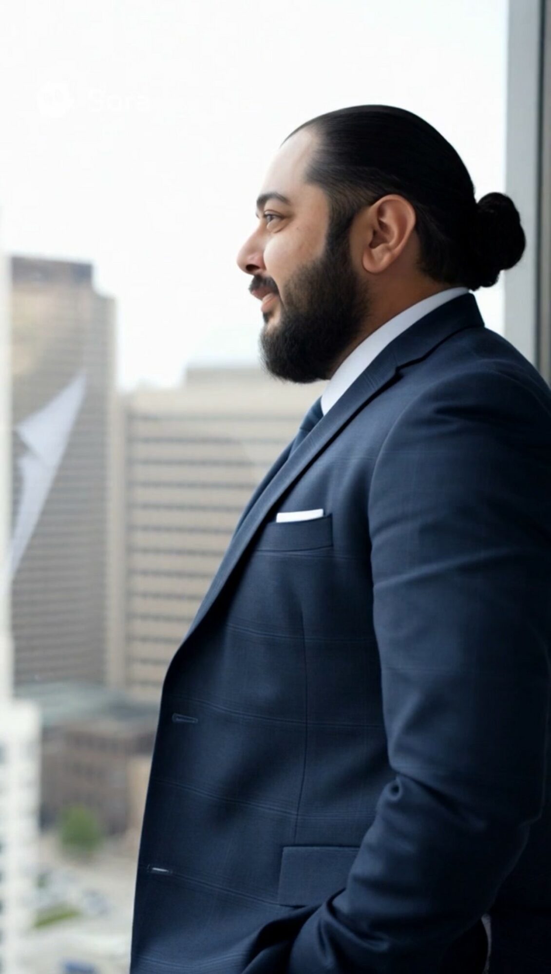 Man with dark hair and beard in a suit looking out a window with city buildings outside.