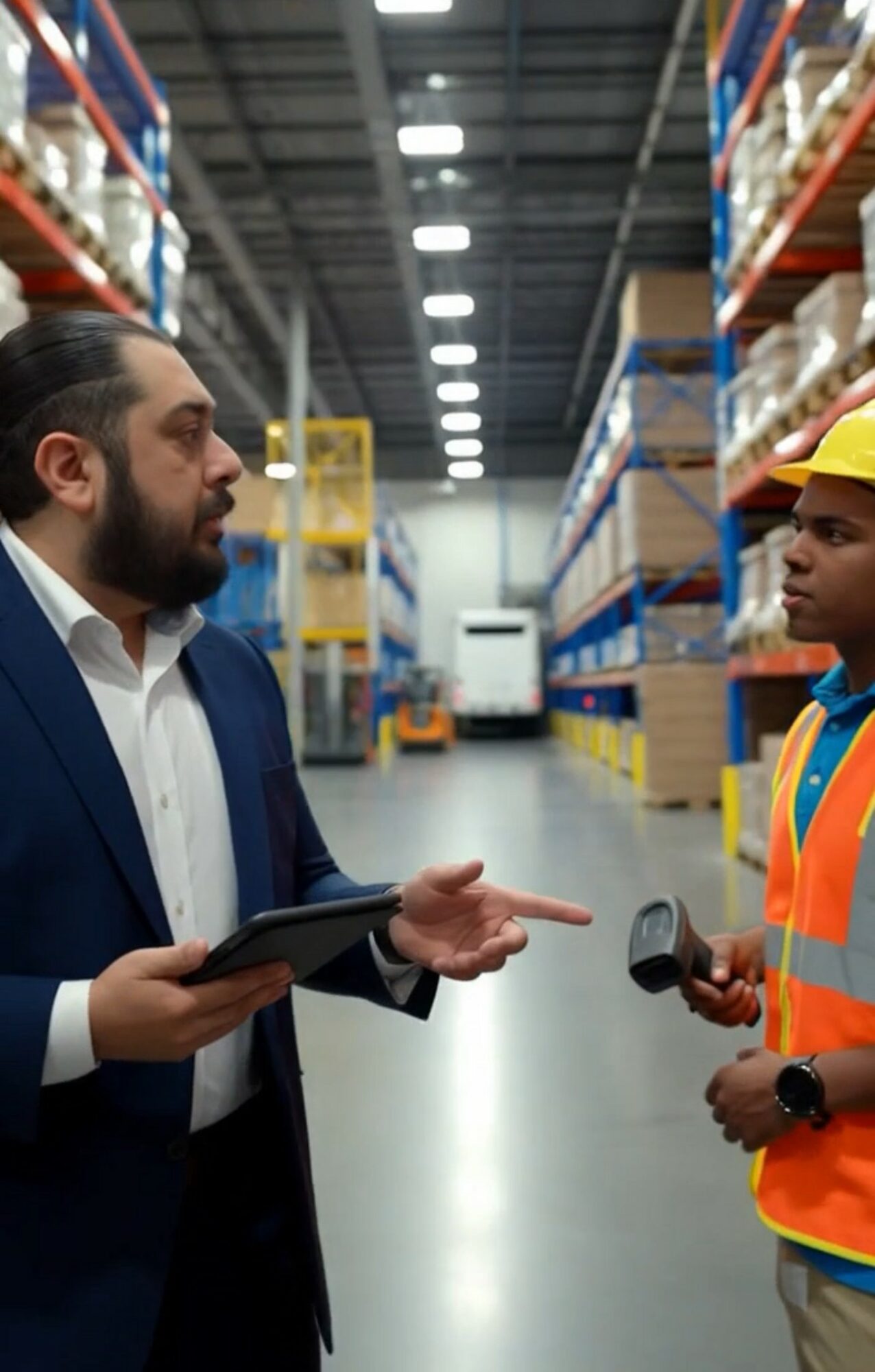 Two men in conversation inside a warehouse, one holding a tablet and the other wearing a safety vest and helmet.