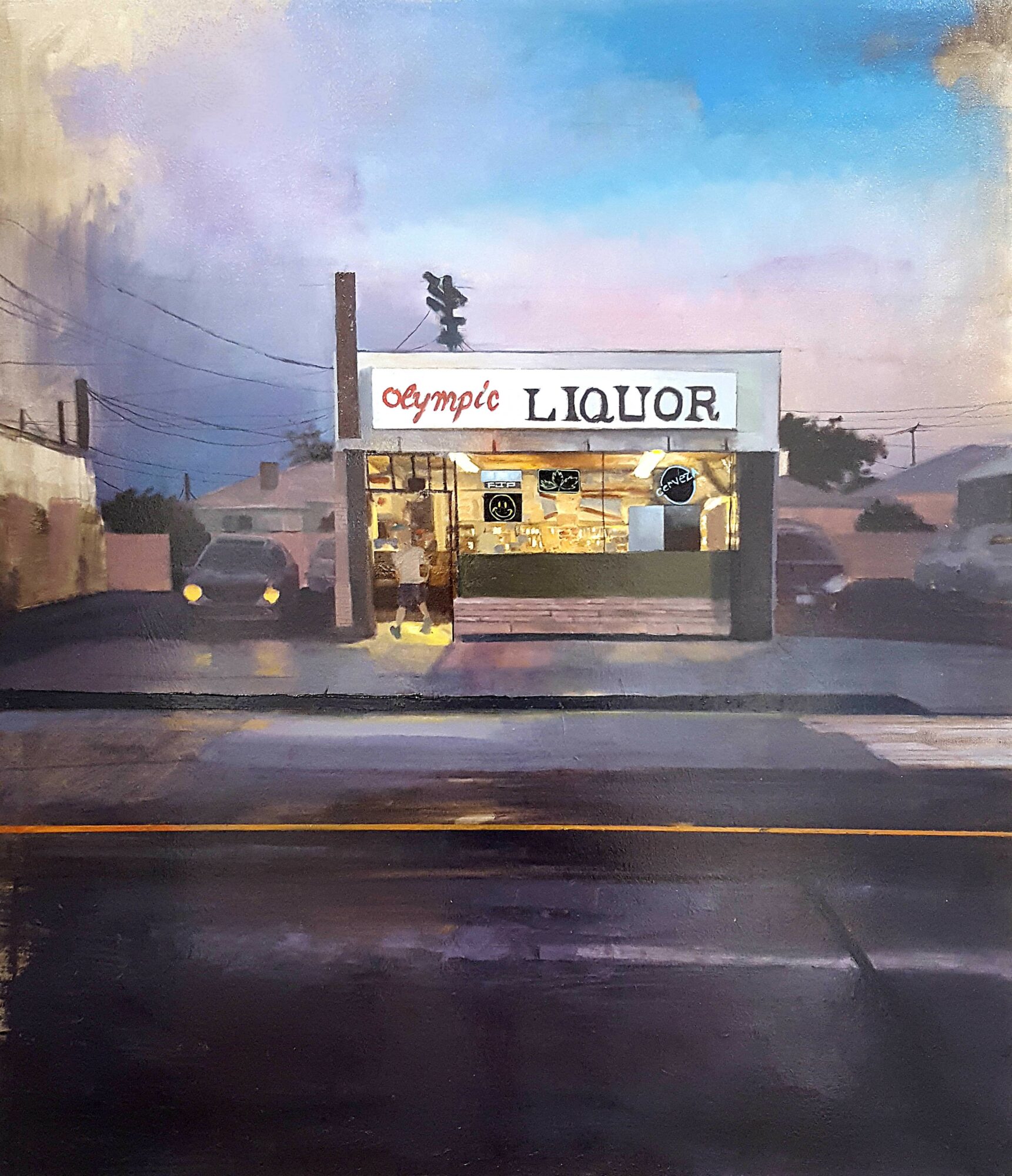 Street view with a liquor store sign reading 'Olympic Liquor' and cars parked nearby, under a partly cloudy sky.