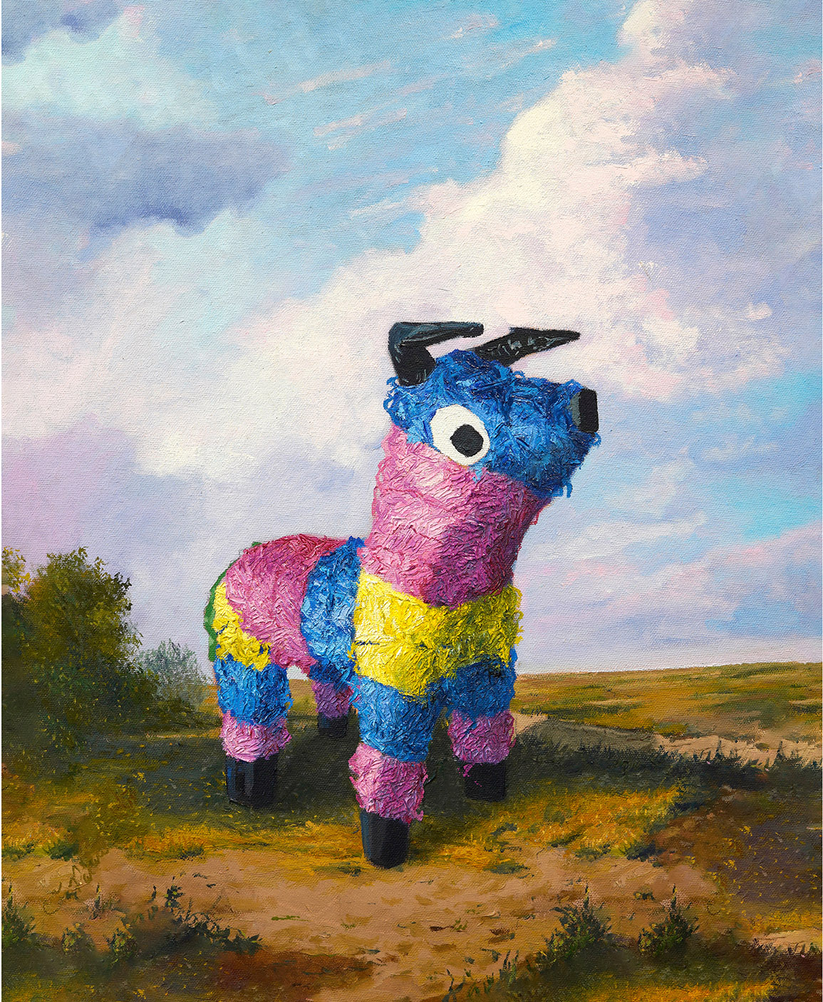 Colorful, plush animal sculpture resembling a zebra with a blue head, pink body, yellow and blue stripes, standing outdoors under a cloudy sky.