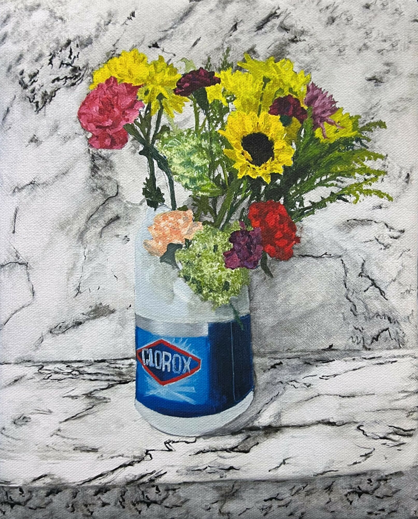 A bouquet of colorful flowers in a Clorox bleach container on a marble surface with a marble background.