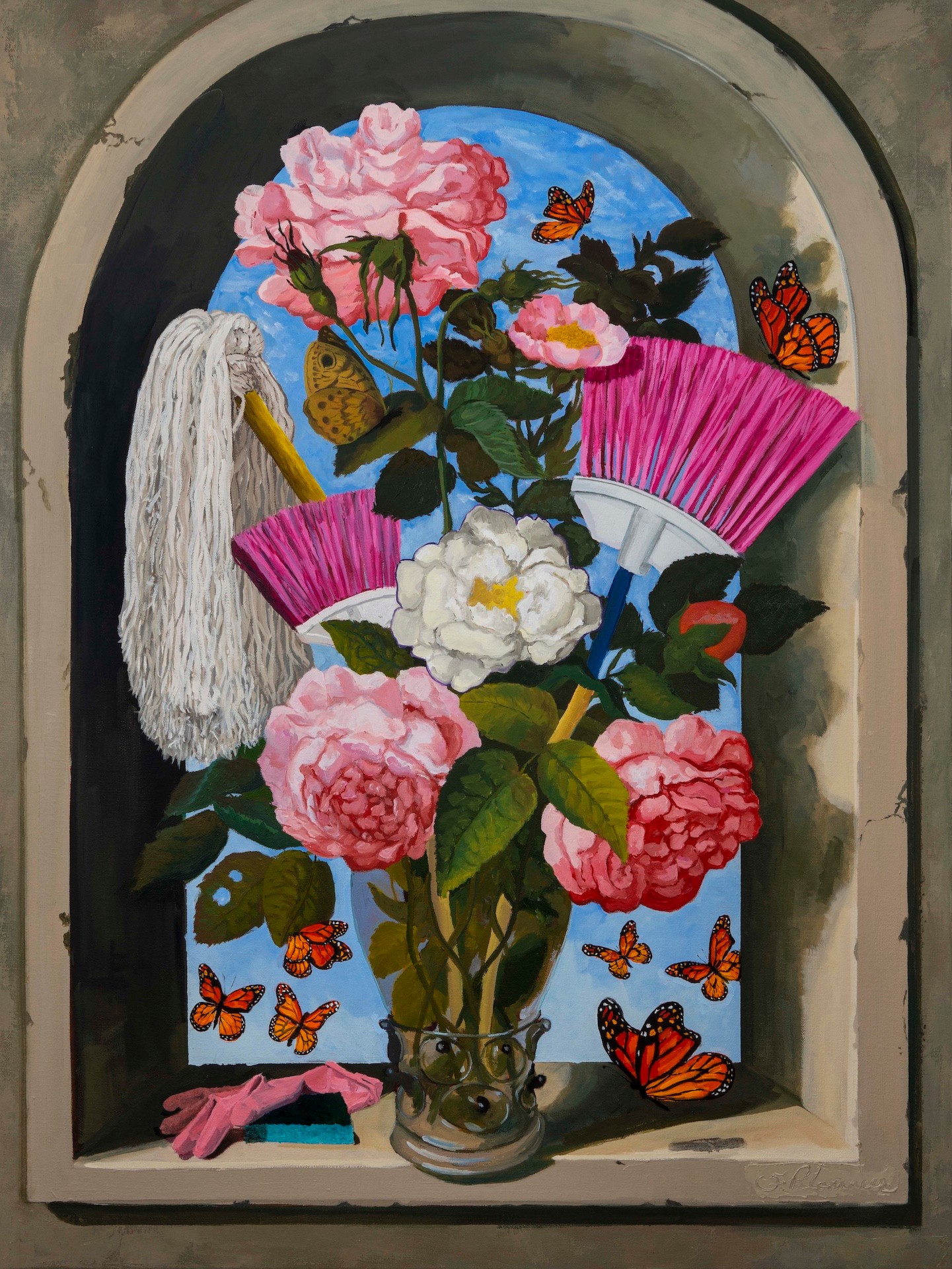 Vase with pink and white flowers, butterflies, fans, and a waterfall background, inside a window frame.