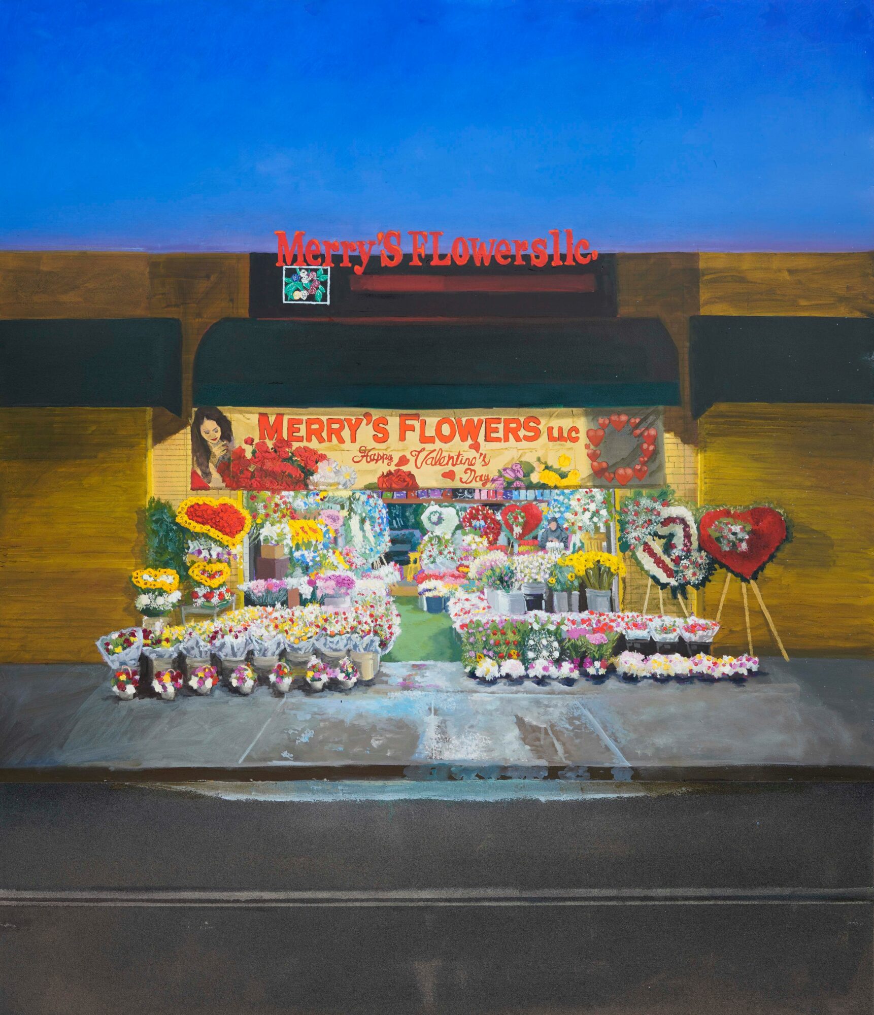Flower shop display with colorful arrangements and signs, set against a blue sky background.