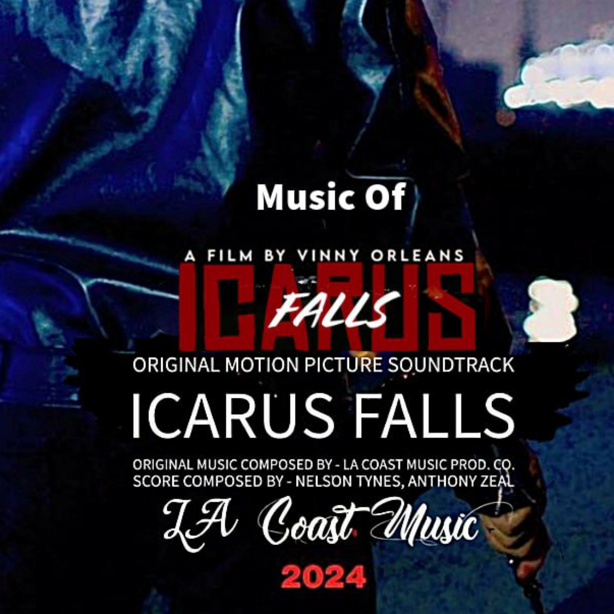 Text overlay on a dark background with a person holding an object, promoting the Icarus Falls soundtrack, 2024, LA Coast Music.