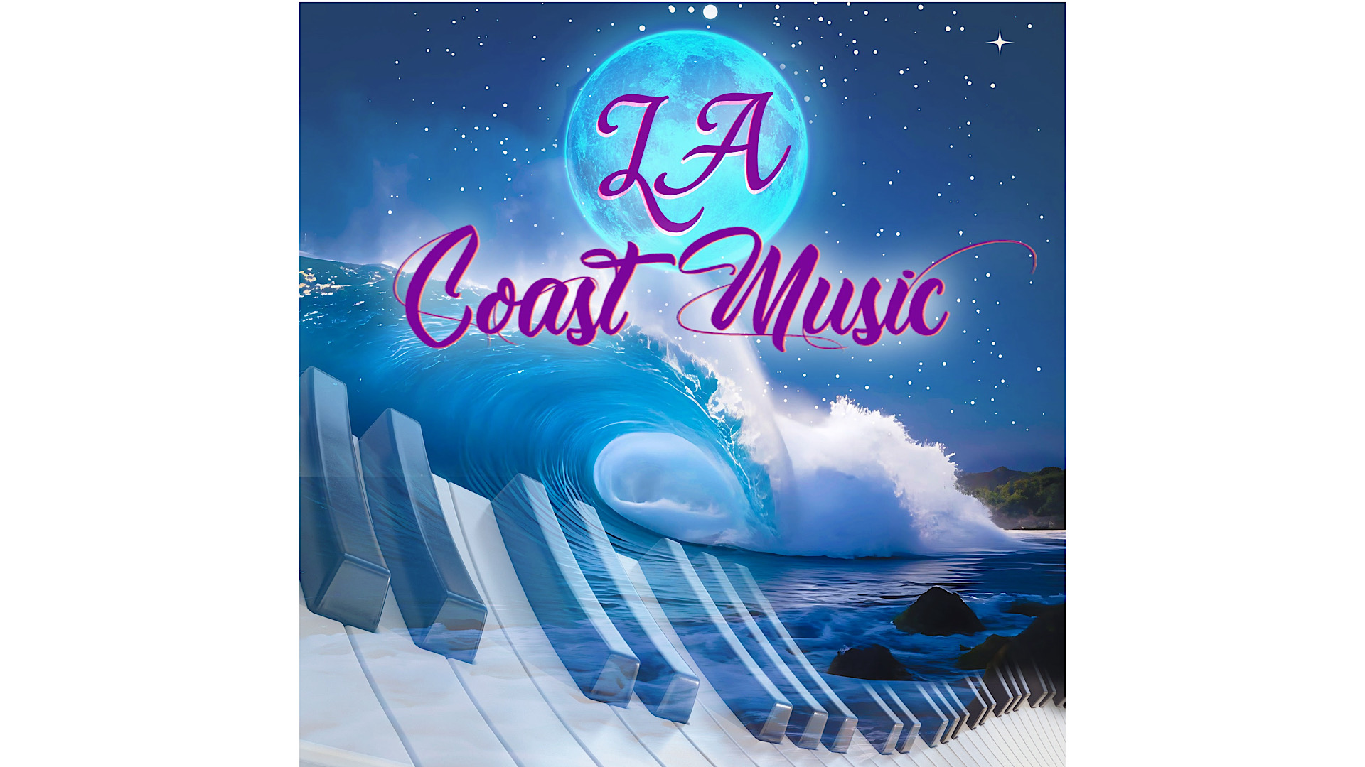 Night scene with a large moon, ocean waves, and piano keys, with text 'LA Coast Music' in purple and pink.