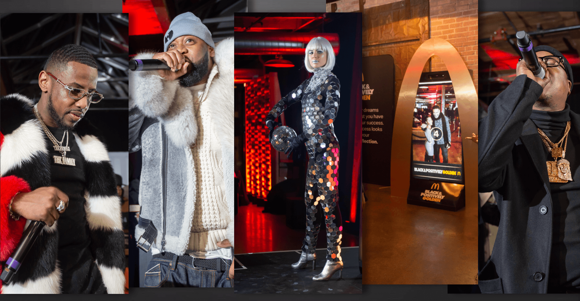 Five people in various settings, some wearing fashionable clothing and accessories, with a red and black background, and a vending machine.
