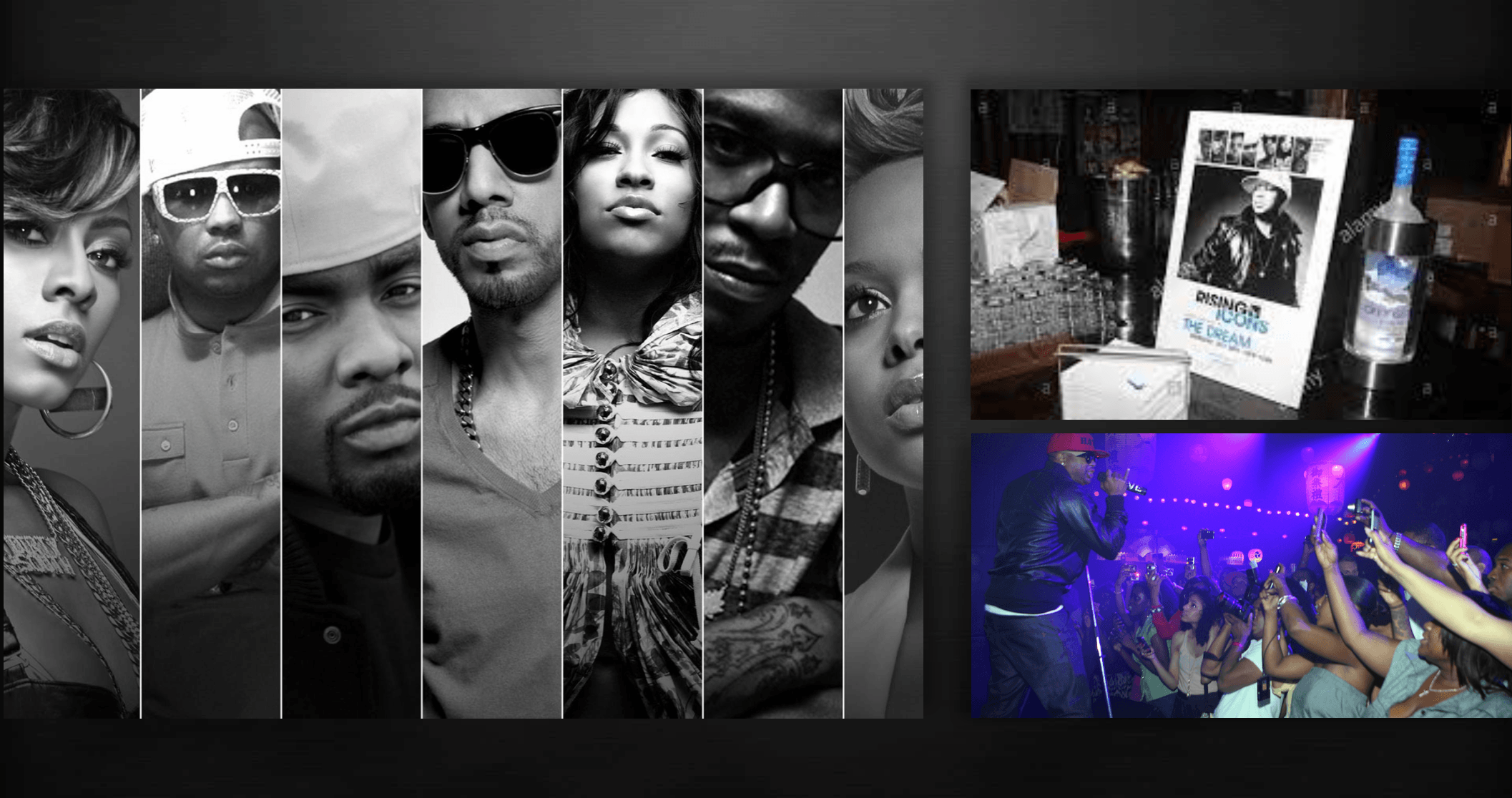 Collage of black-and-white portraits of diverse people and a concert scene with audience and stage lighting.