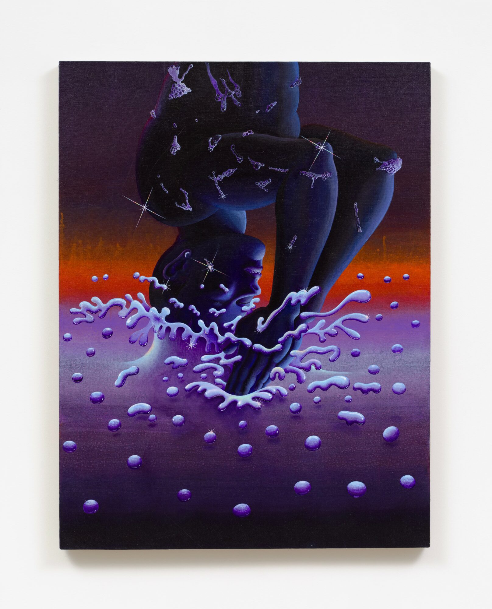 Person crouching with water splashing around their feet, dark background with purple and orange hues, and floating spheres.