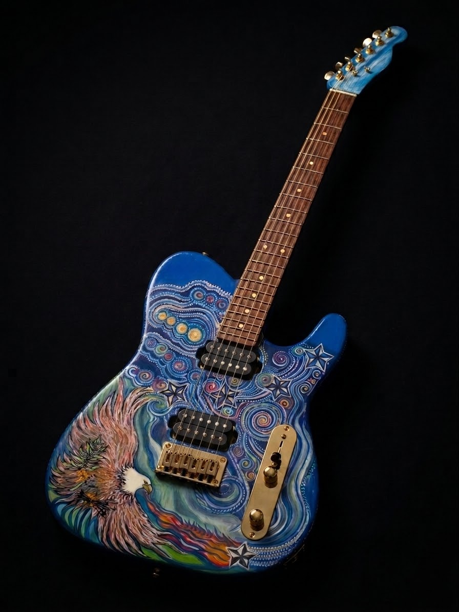 Electric guitar with a colorful, abstract painted design, featuring a blue body, two pickups, and a gold bridge and control knobs.