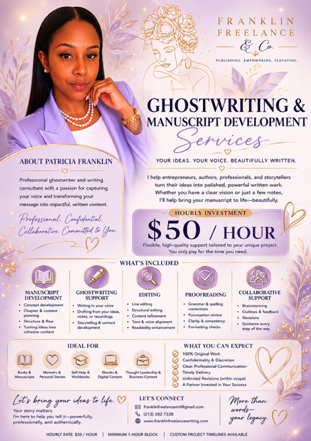 Advertisement for ghostwriting and manuscript development services featuring a woman in a purple blazer, with text about services and pricing.