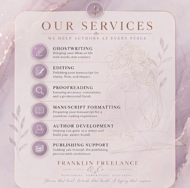 Service menu listing ghostwriting, editing, proofreading, manuscript formatting, author development, publishing support, with a floral background.