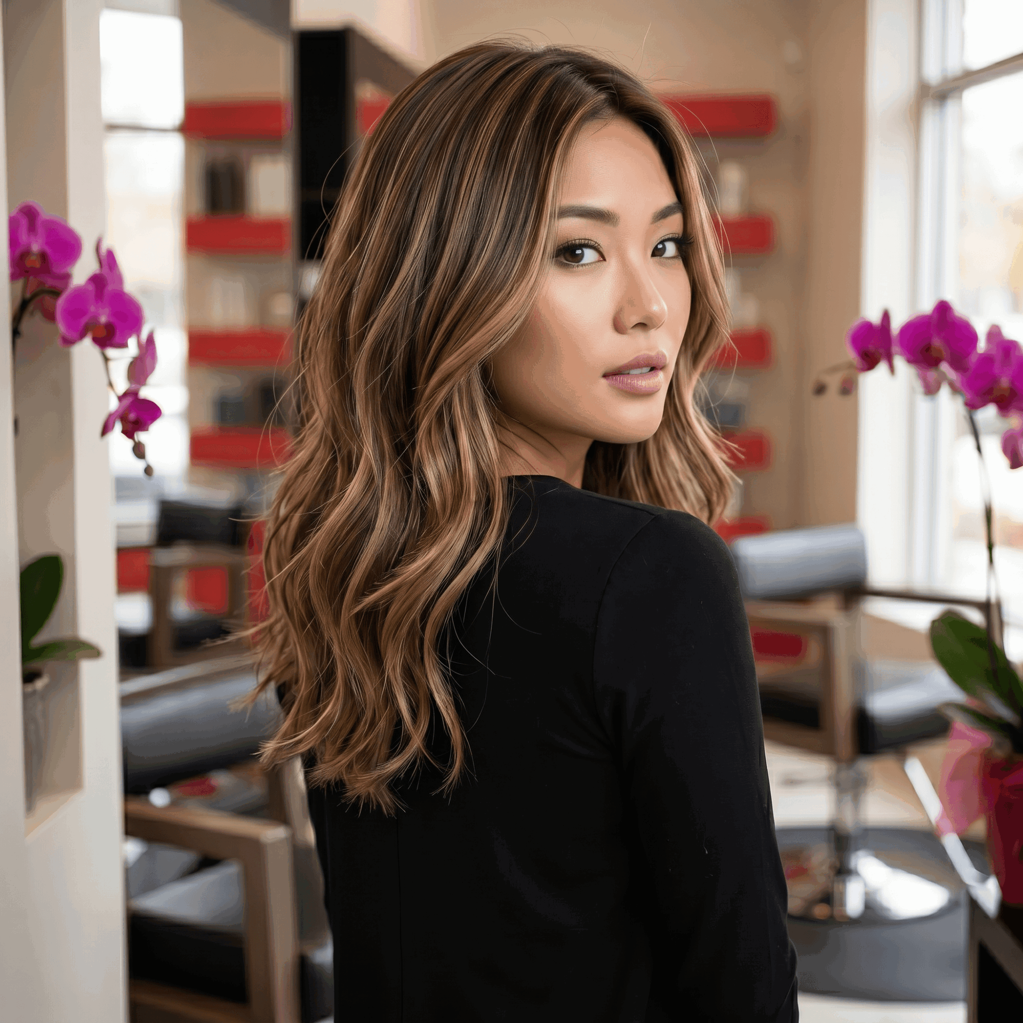 Woman with wavy hair and makeup in a room with pink orchids and shelves, looking over her shoulder.