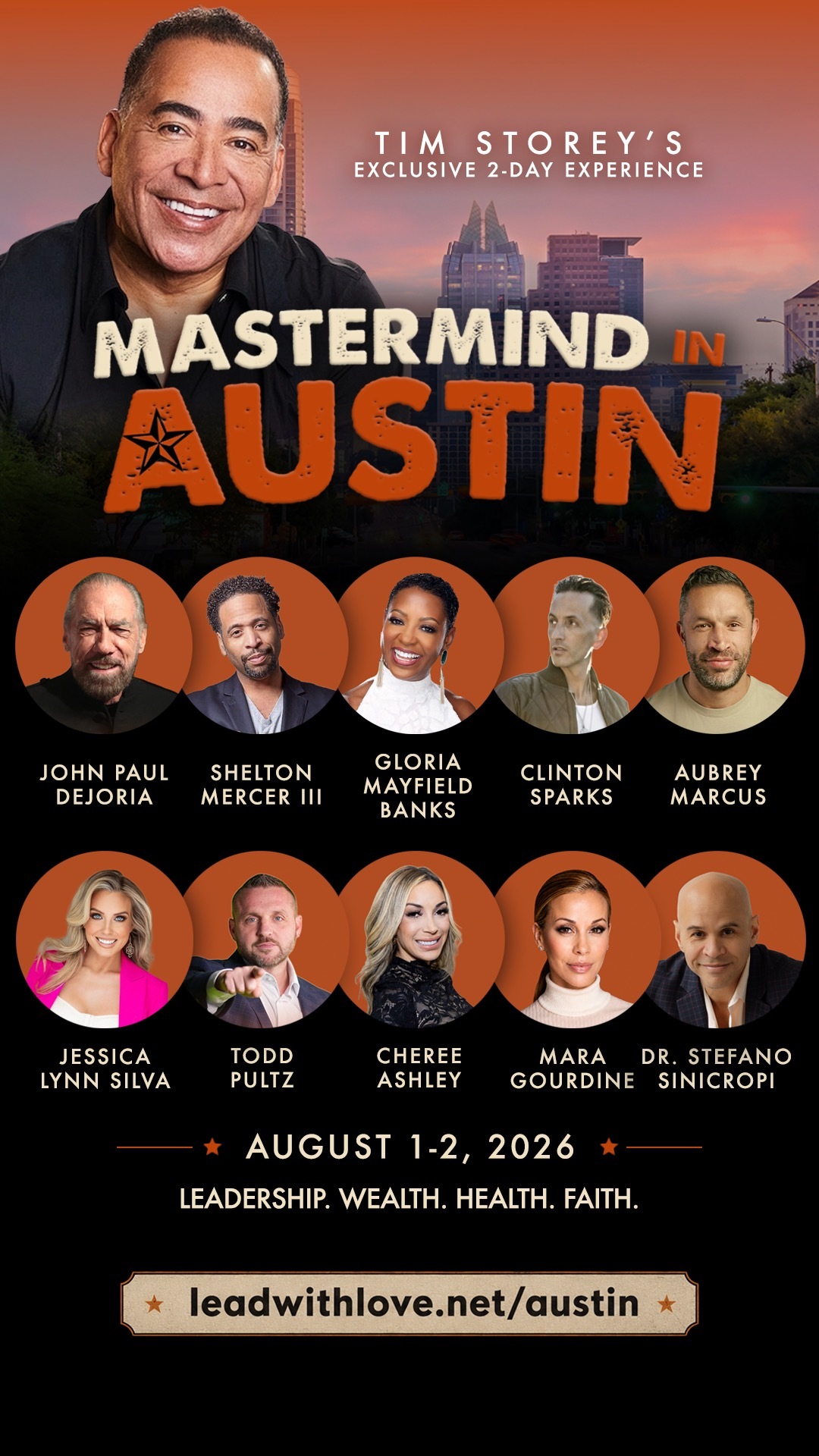 Poster for 'Mastermind in Austin' event with headshots of speakers, date August 1-2, 2026, and tagline about leadership and faith.