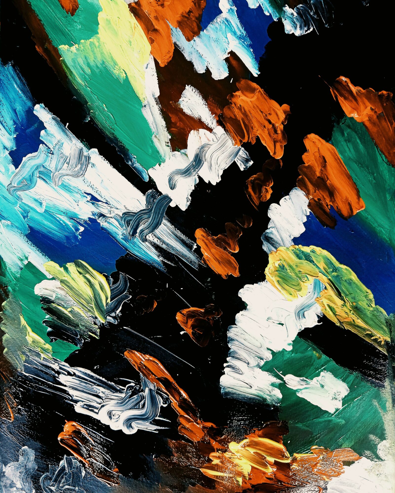 Abstract painting with bold brushstrokes in green, blue, orange, white, and black colors.